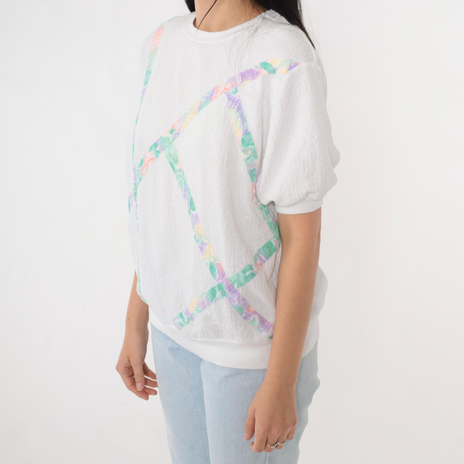 90s White Fruit Print Striped Short Sleeve Shirt Banded Hem Medium