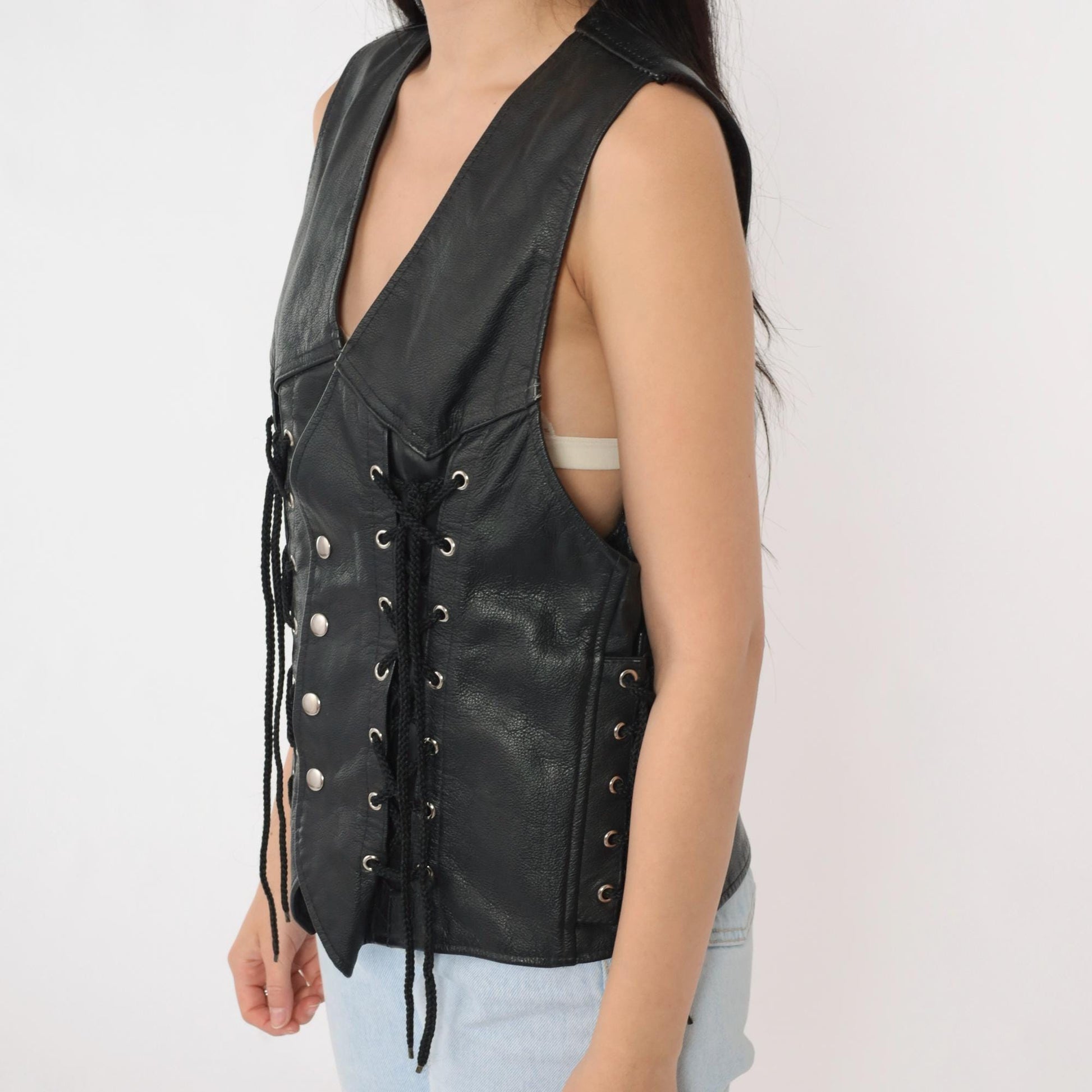 90s Black Leather Lace-Up Vest V-Neck Snap Button Sleeveless Small