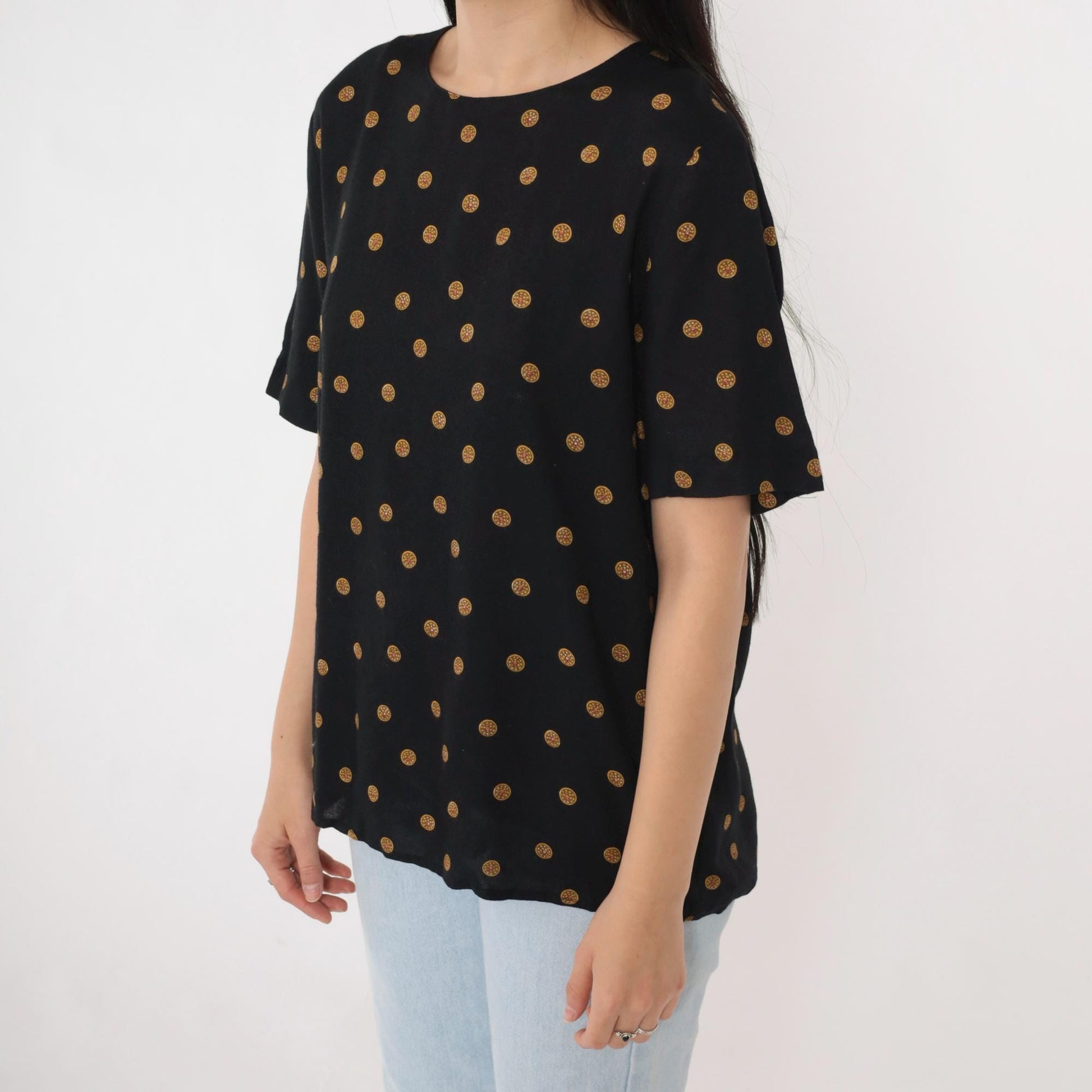 80s Norton McNaughton Black Coin Print Blouse Keyhole Back Medium