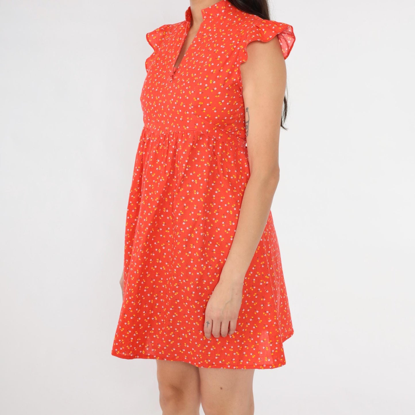 70s Orange Calico Floral Babydoll Mini Dress Empire Waist Flutter Sleeve XS