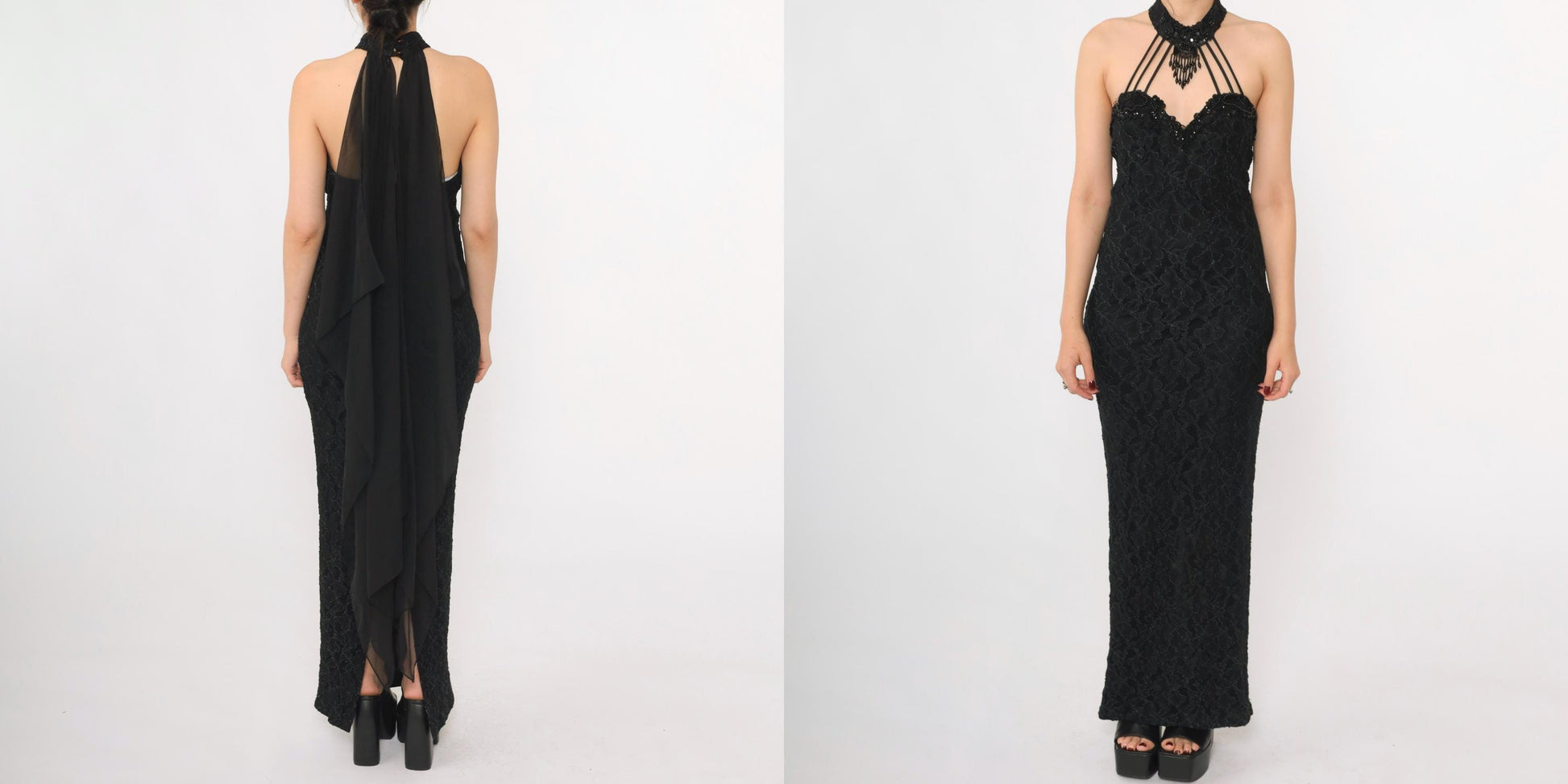 90s Black Lace Halter Maxi Gown Beaded Choker Neck Bodycon Train Medium