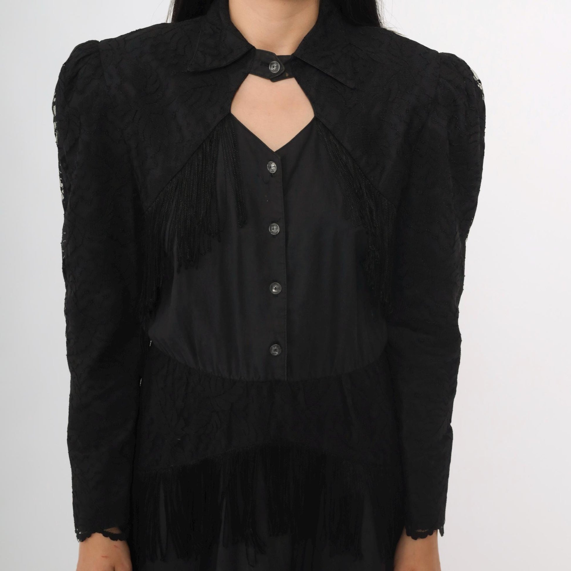 80s Lilia Smitty Western Midi Dress Black Fringe Cotton Puff Sleeve Small