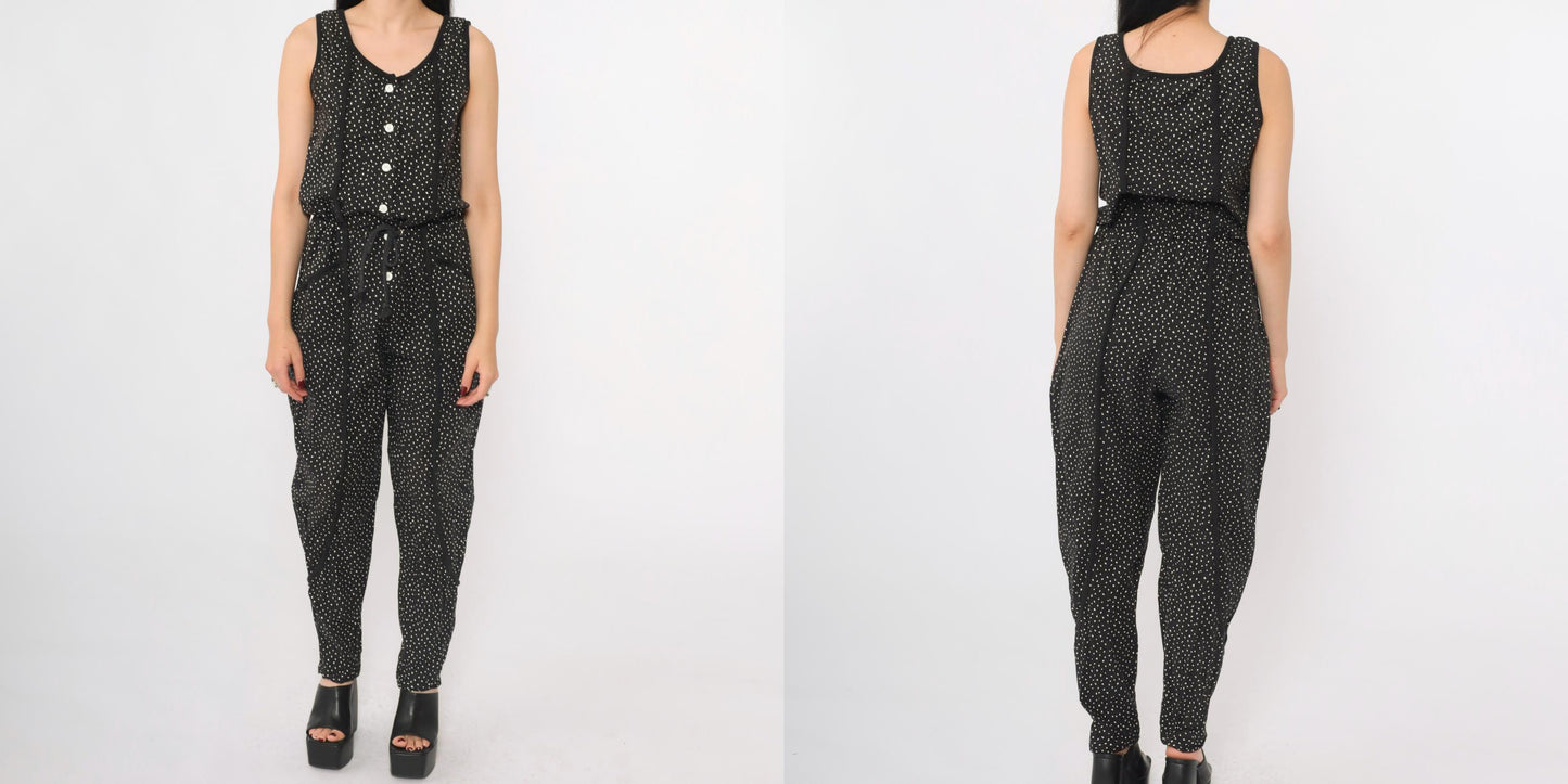 80s La Blanca Black Jumpsuit Confetti Dot Print Sleeveless Button Front Small