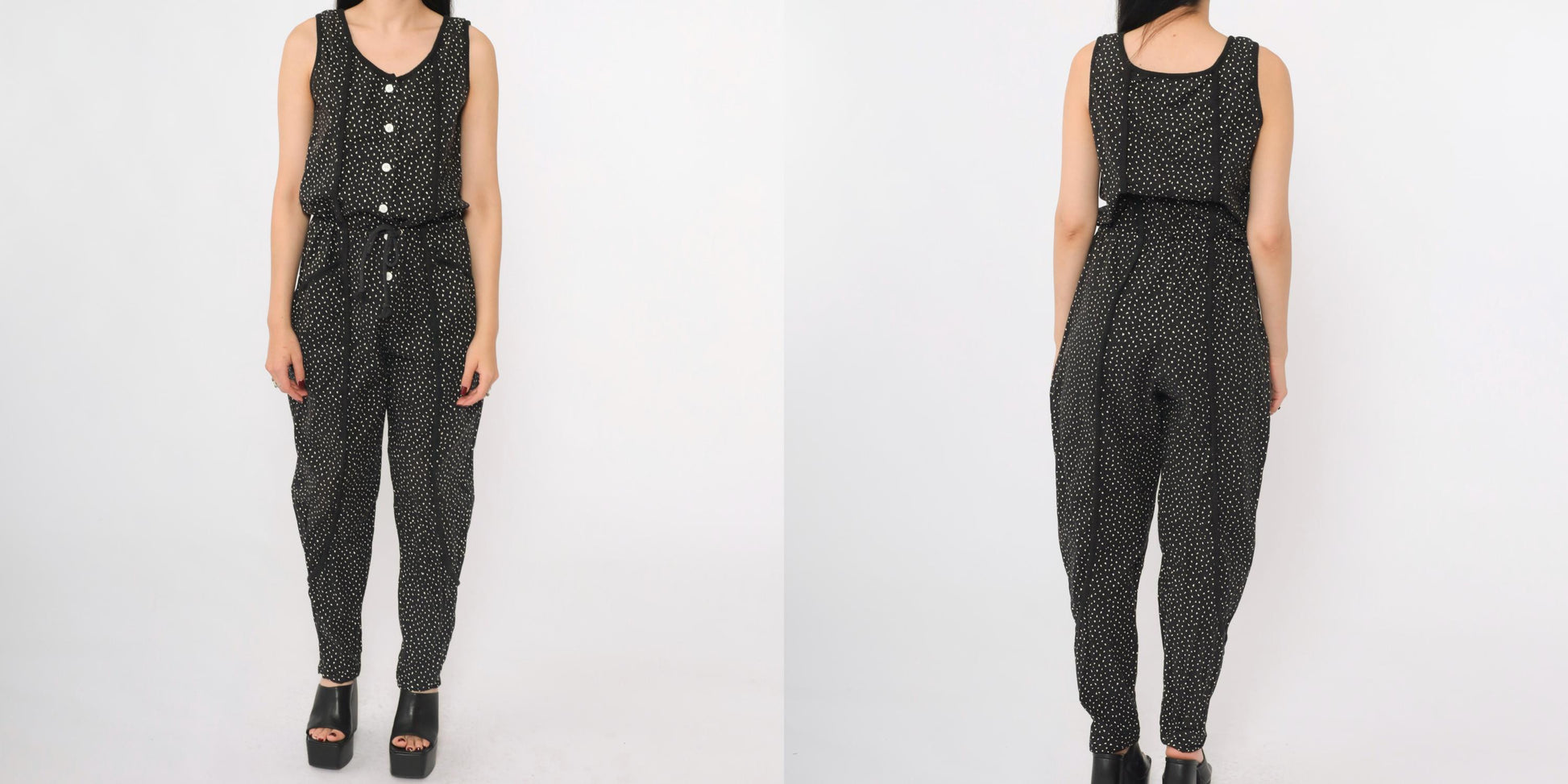 80s La Blanca Black Jumpsuit Confetti Dot Print Sleeveless Button Front Small