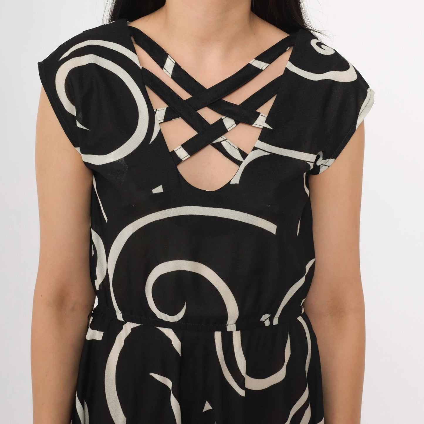 80s Black White Abstract Swirl Print Midi Dress Criss-Cross Neckline Cap Sleeve Small