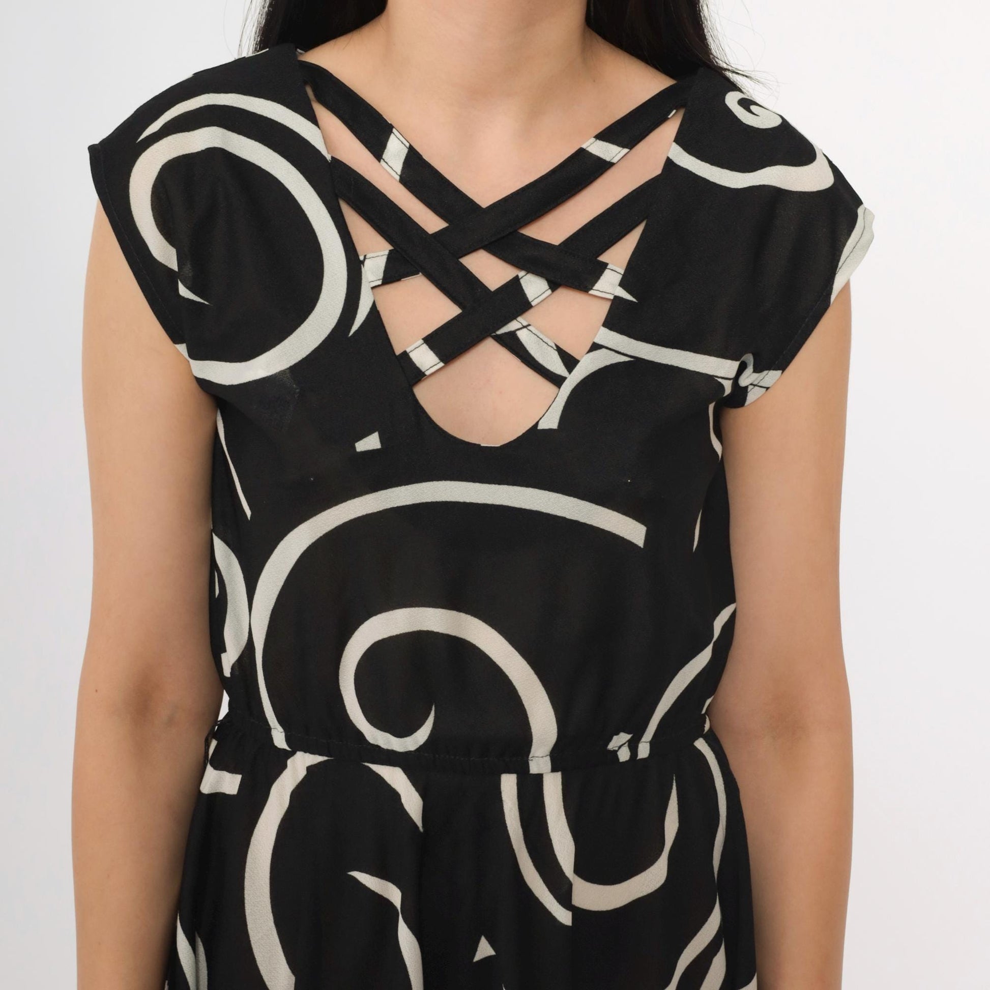 80s Black White Abstract Swirl Print Midi Dress Criss-Cross Neckline Cap Sleeve Small