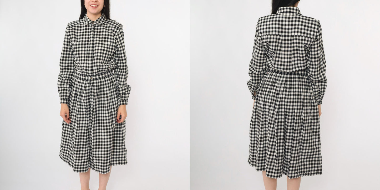 80s Charter Club Gingham Shirt Dress Black White Midi Cotton Small