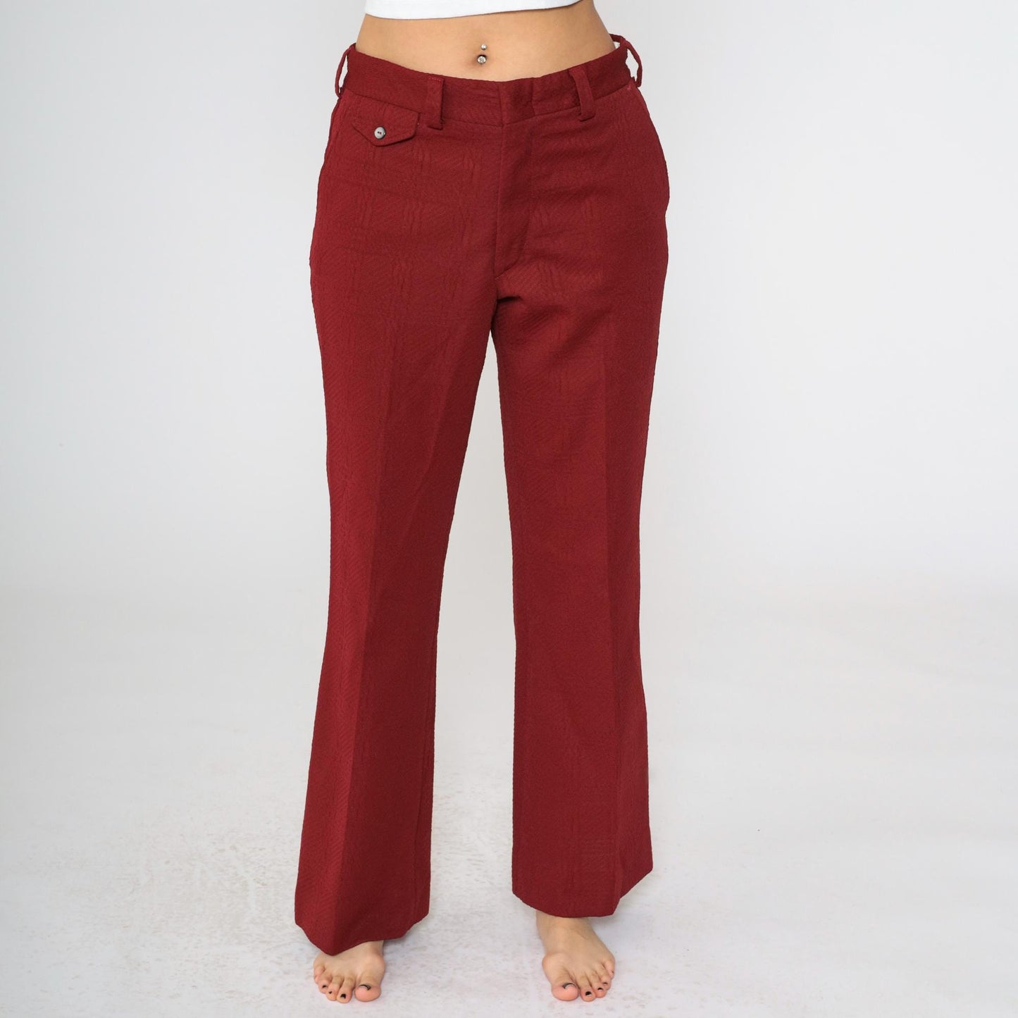 70s Burgundy Flared Trousers High Waist Textured Polyester Medium