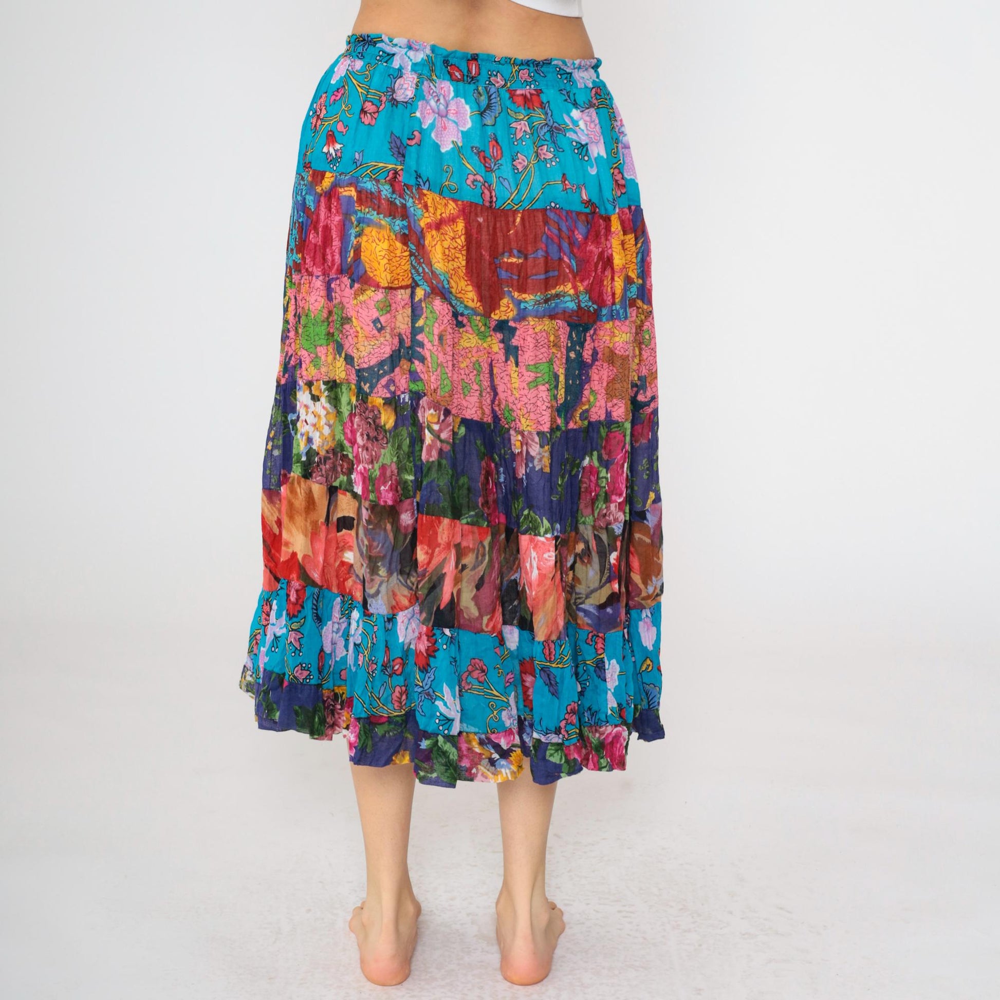 90s Broomstick Midi Skirt Blue Floral Patchwork Tiered Cotton Small