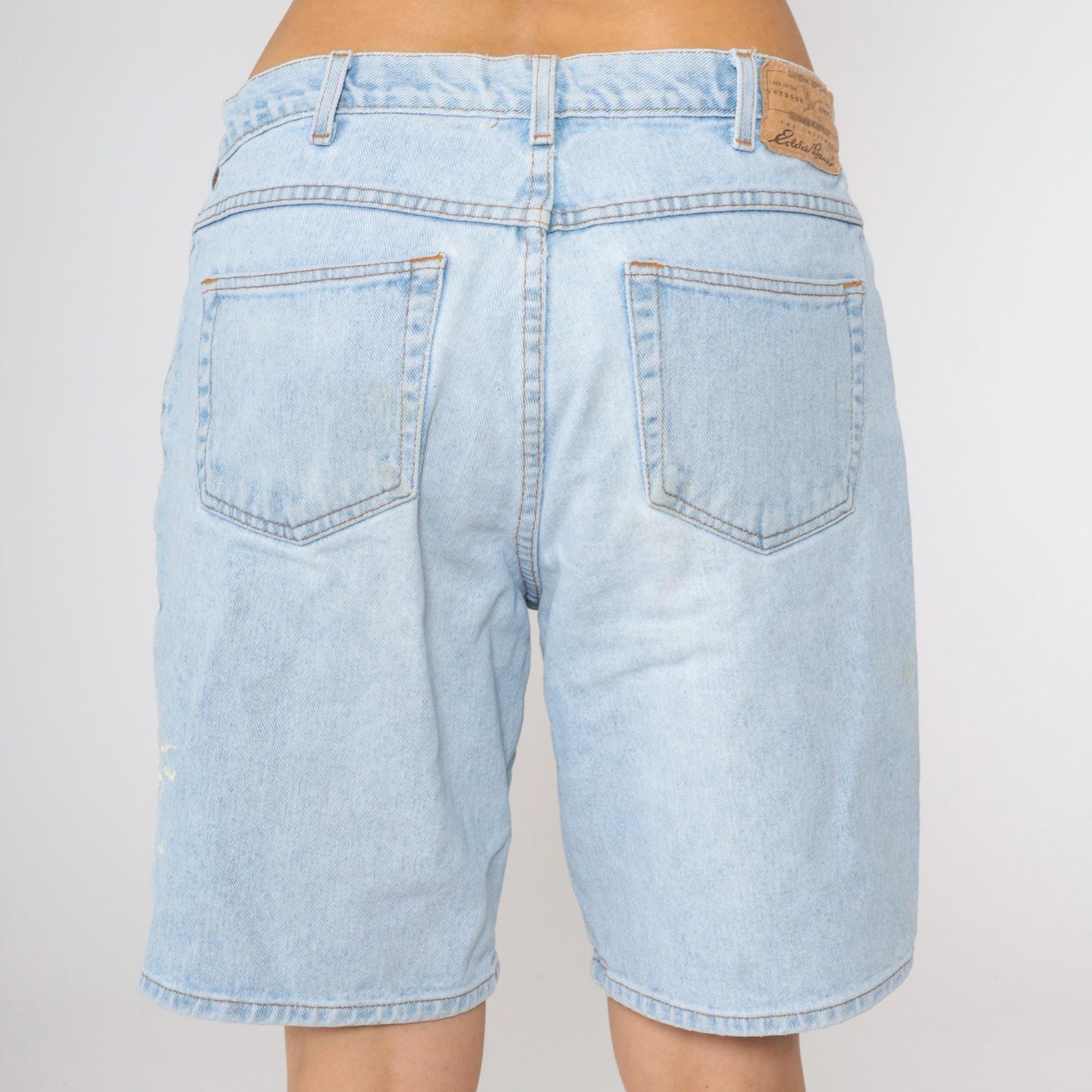 Y2K Eddie Bauer High-Waisted Denim Shorts Blue Paint Distressed Men's 34