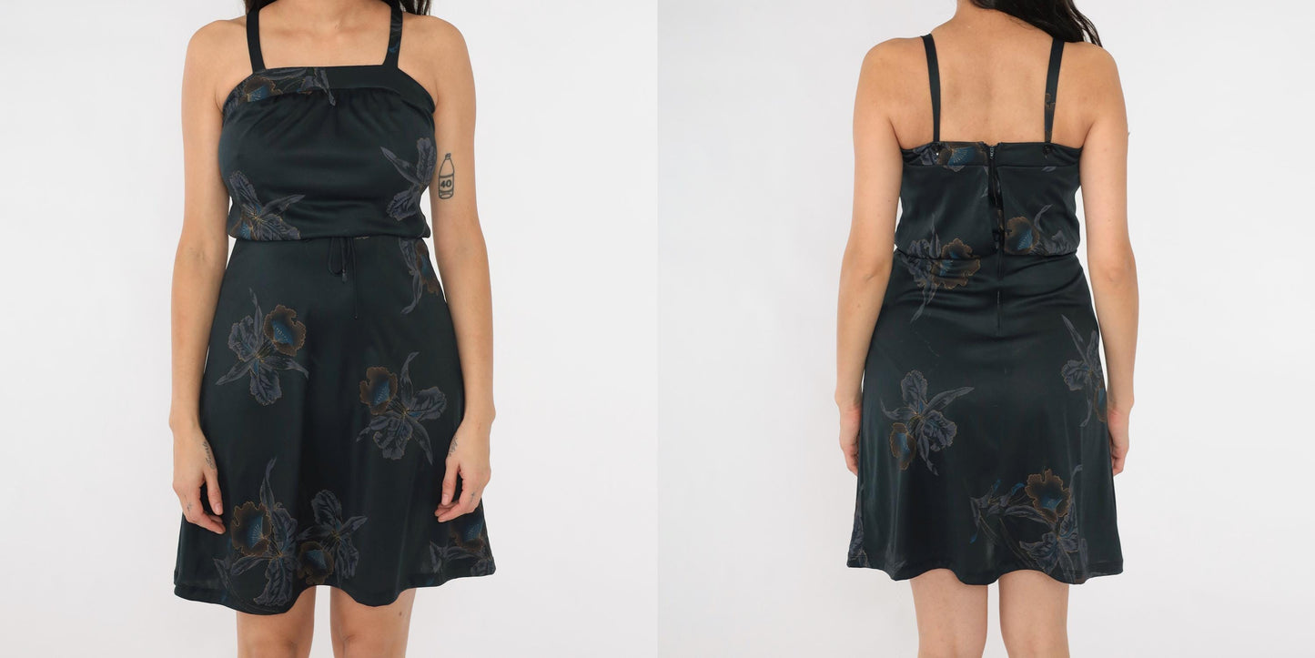 70s Black Floral Mini Dress Gold Metallic Tropical Sundress Tank Extra Small XS