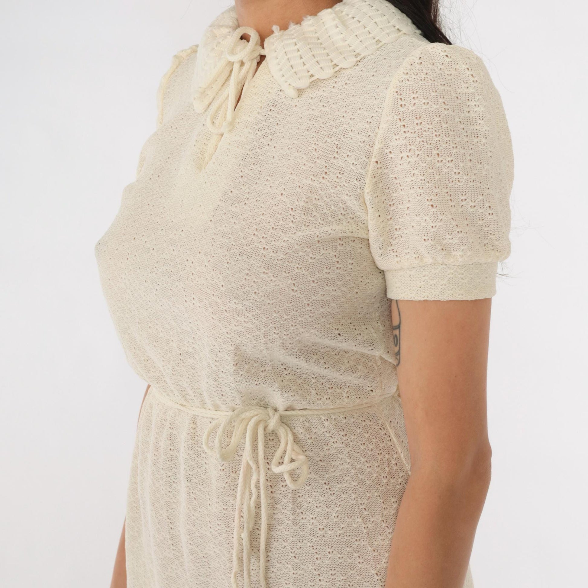 70s Sears Cream Knit Midi Dress Puff Sleeve Keyhole Neck Extra Small