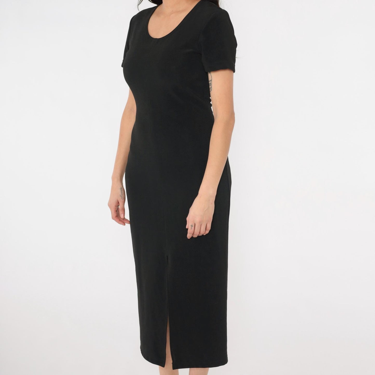 90s Black Bodycon Midi Dress Front Slit Scoop Neck Short Sleeve Medium