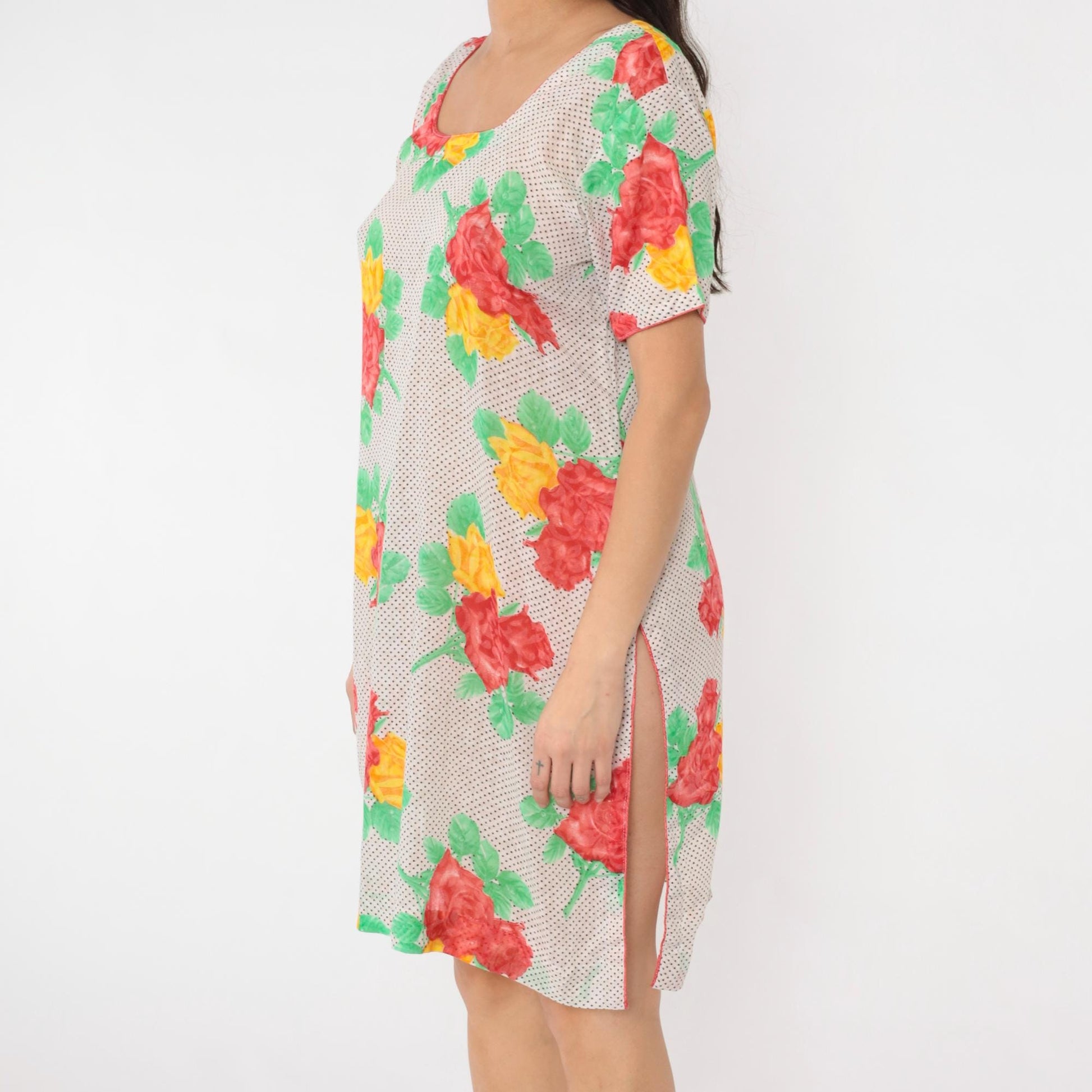 Y2K Polka Dot Floral Mini Dress Short Sleeve Shift Red Yellow Medium