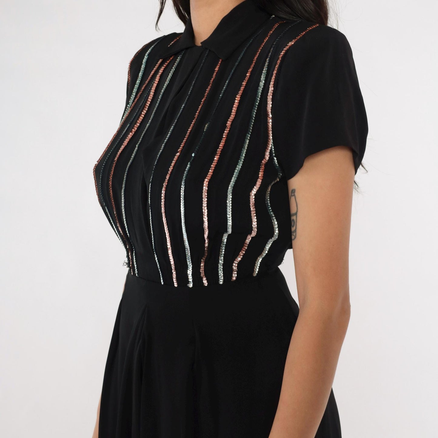 1950s Black Sequin Stripe Party Dress Midi Pleated Skirt Small S
