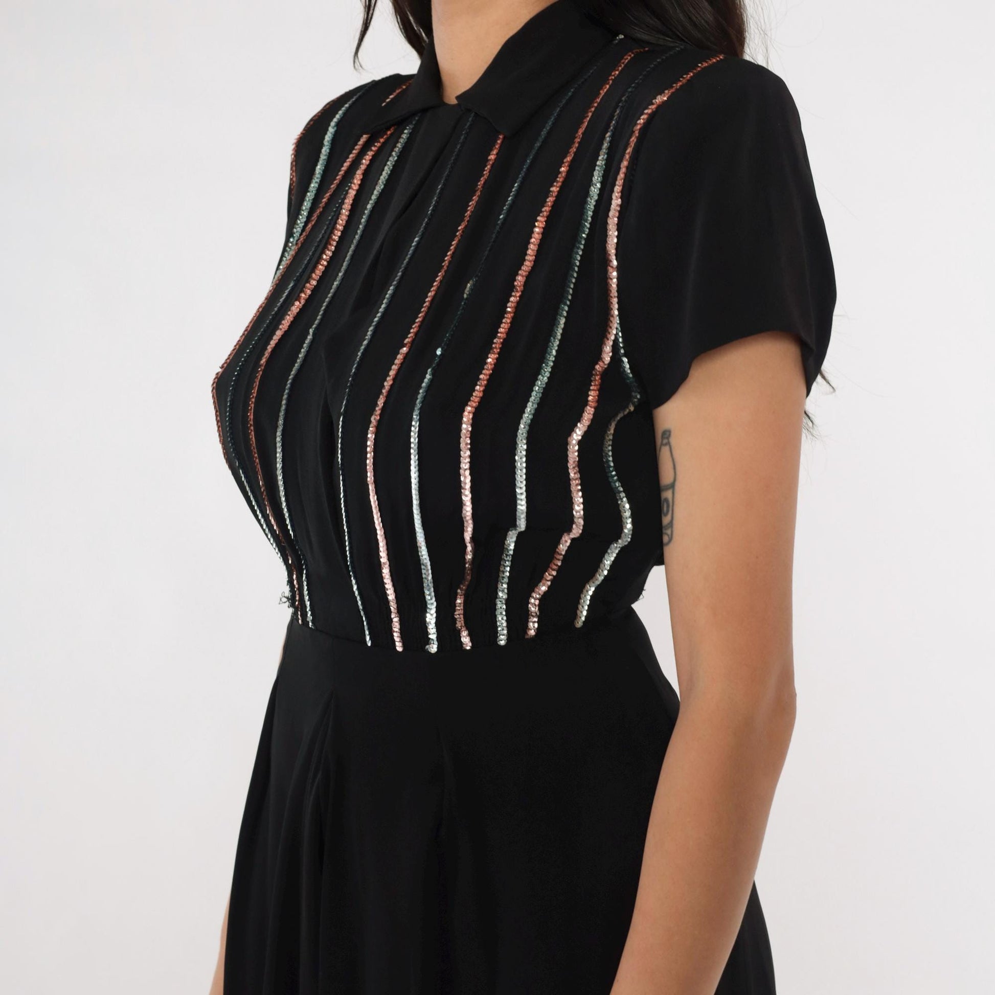 1950s Black Sequin Stripe Party Dress Midi Pleated Skirt Small S