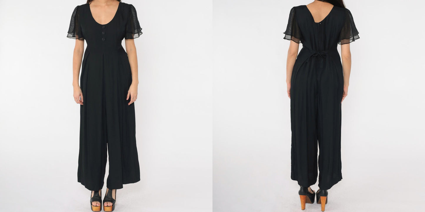 90s Black Wide Leg Jumpsuit Chiffon Flutter Sleeve Scoop Neck Medium M