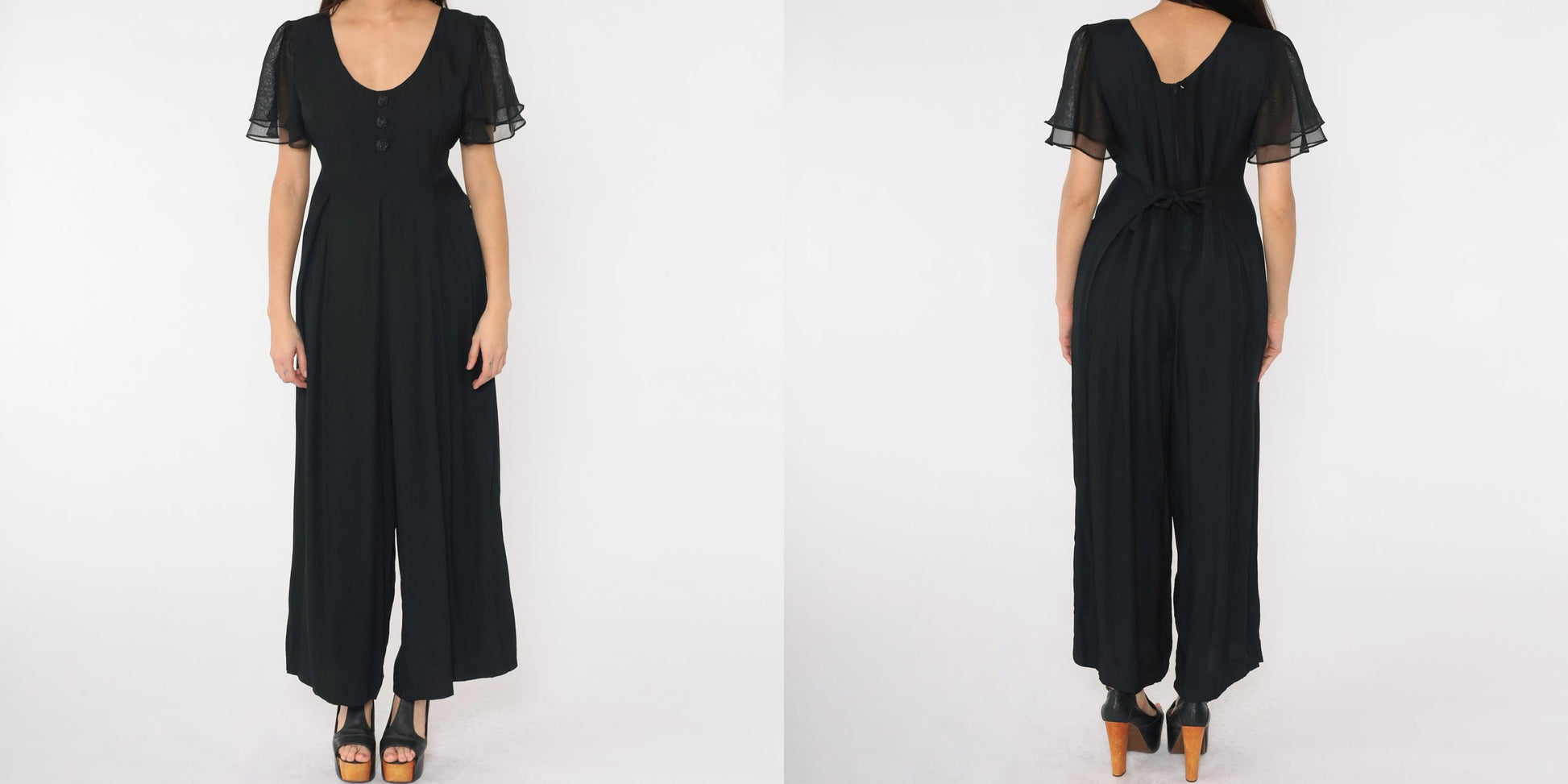 90s Black Wide Leg Jumpsuit Chiffon Flutter Sleeve Scoop Neck Medium M