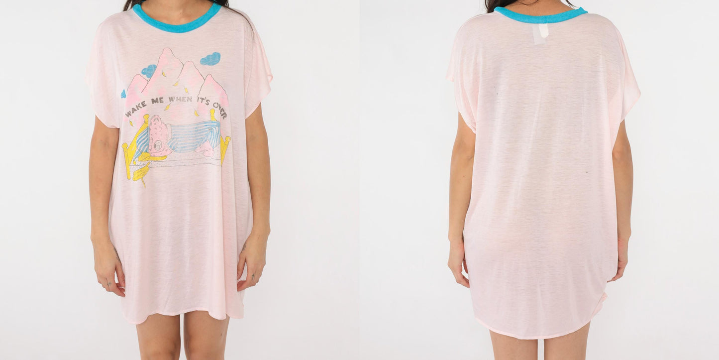 80s Teddy Bear Pajama Dress Wake Me When It's Over Ringer Nightgown Pink Small