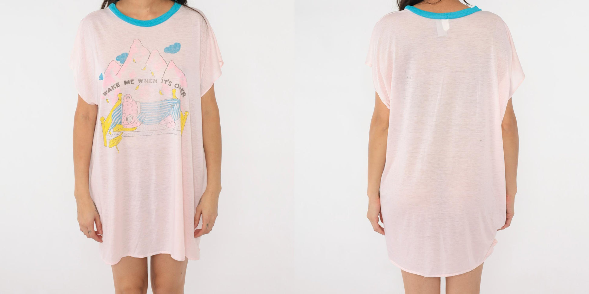 80s Teddy Bear Pajama Dress Wake Me When It's Over Ringer Nightgown Pink Small