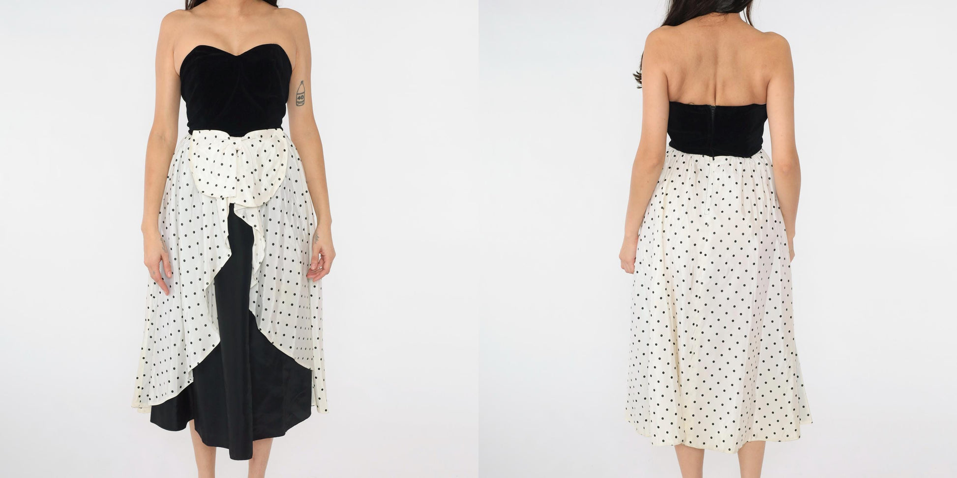 80s Yessica Strapless Velvet Polka Dot Midi Dress Sweetheart Neckline Black White Bow Extra Small