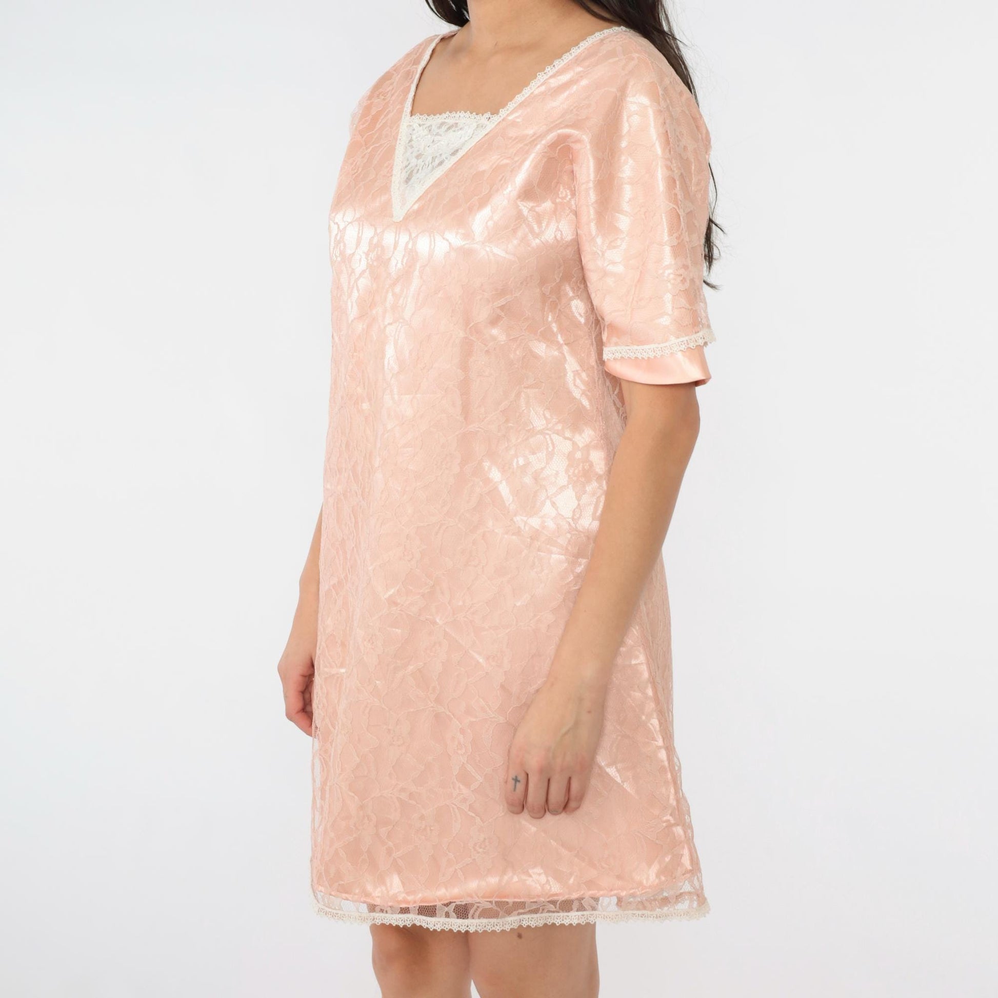 80s Pink Satin Lace Mini Dress Floral Overlay Short Sleeve Medium M