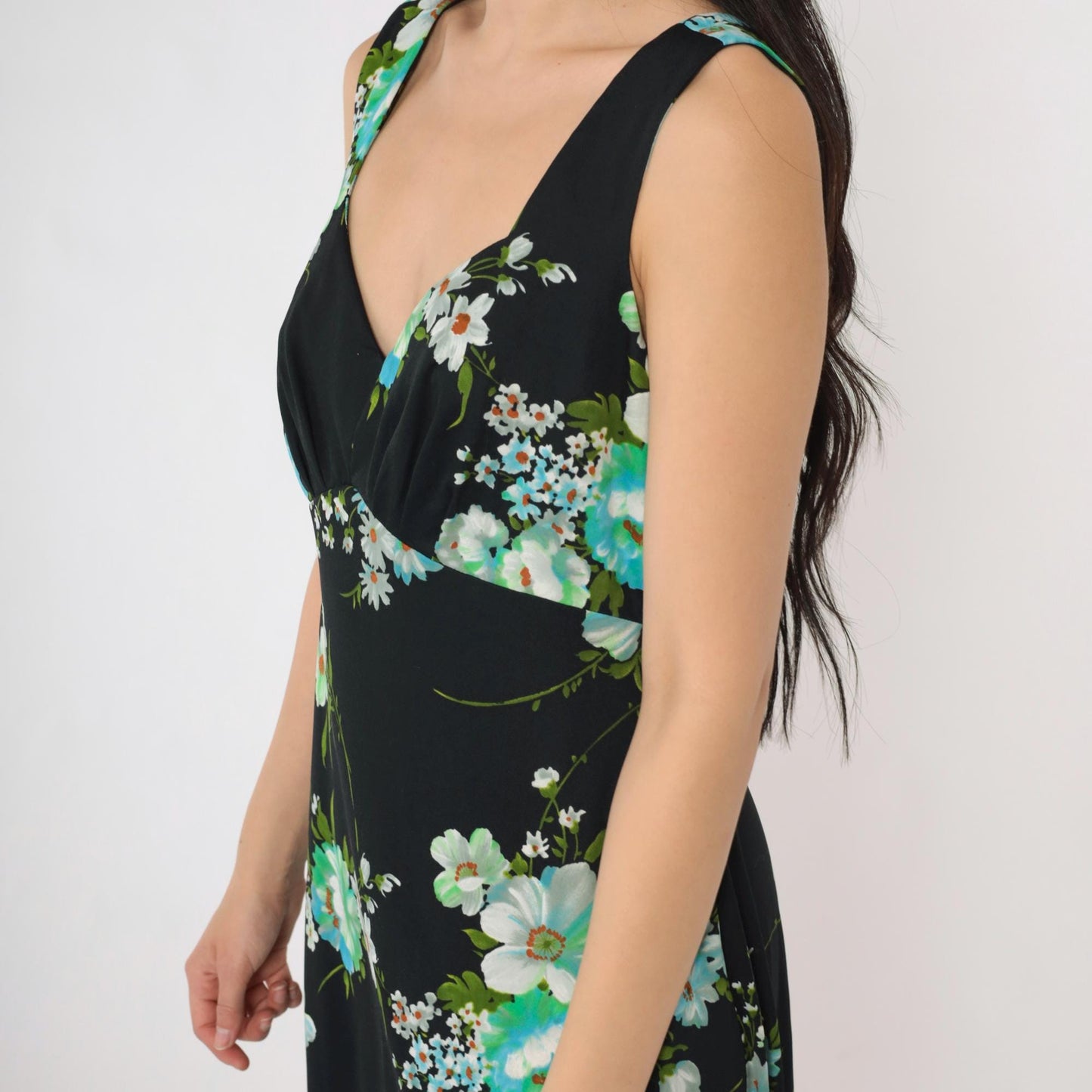 70s Black Floral Maxi Dress Empire Waist Sleeveless Sweetheart Neckline Medium