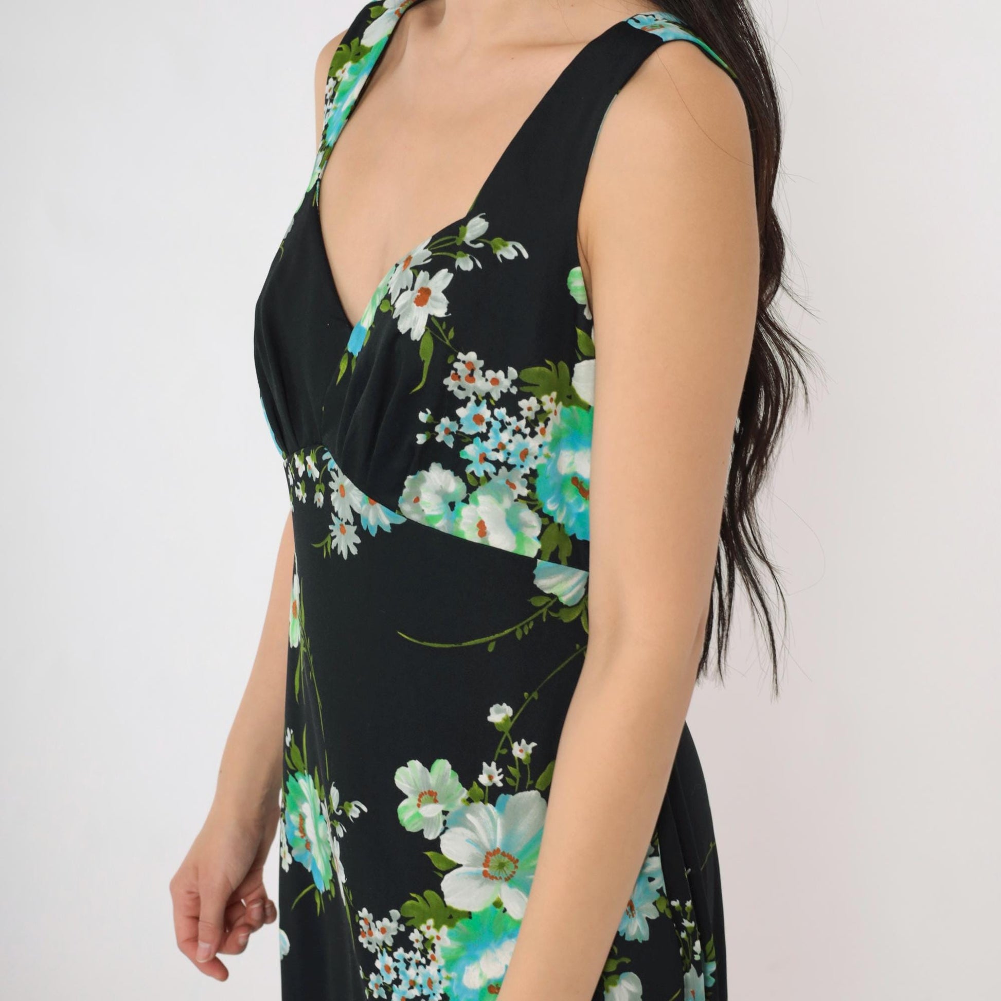 70s Black Floral Maxi Dress Empire Waist Sleeveless Sweetheart Neckline Medium