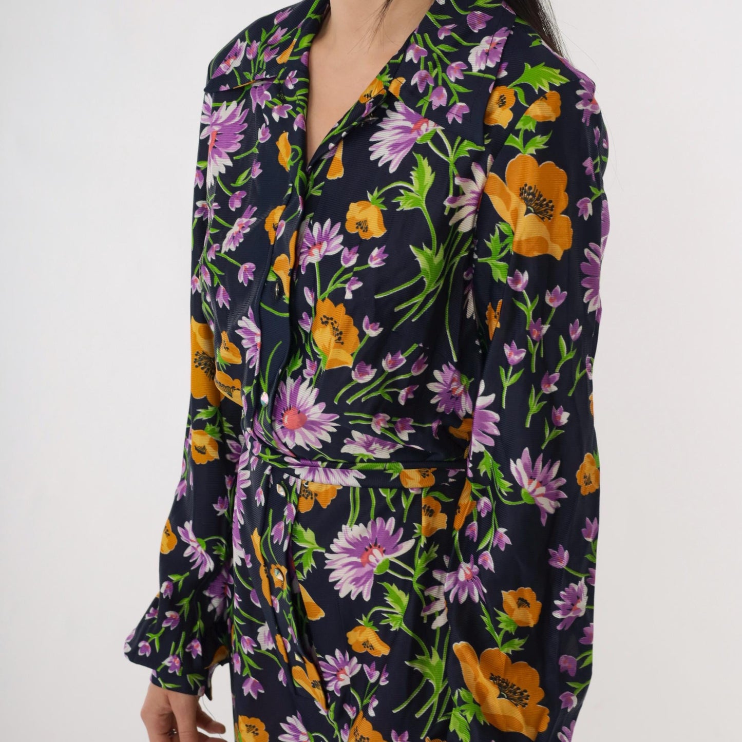 70s Lane Bryant Navy Floral Maxi Shirt Dress Dagger Collar Belt Small