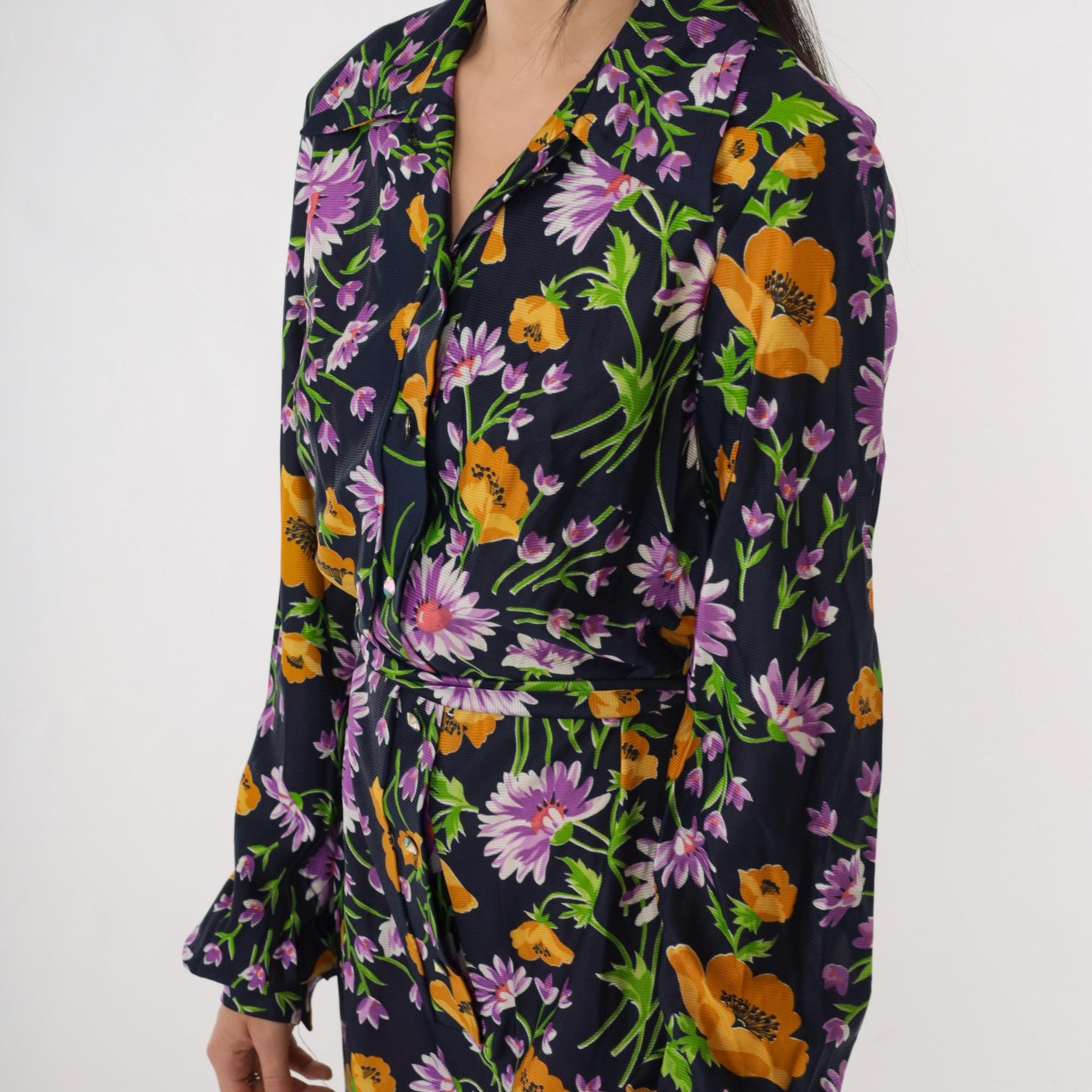 70s Lane Bryant Navy Floral Maxi Shirt Dress Dagger Collar Belt Small