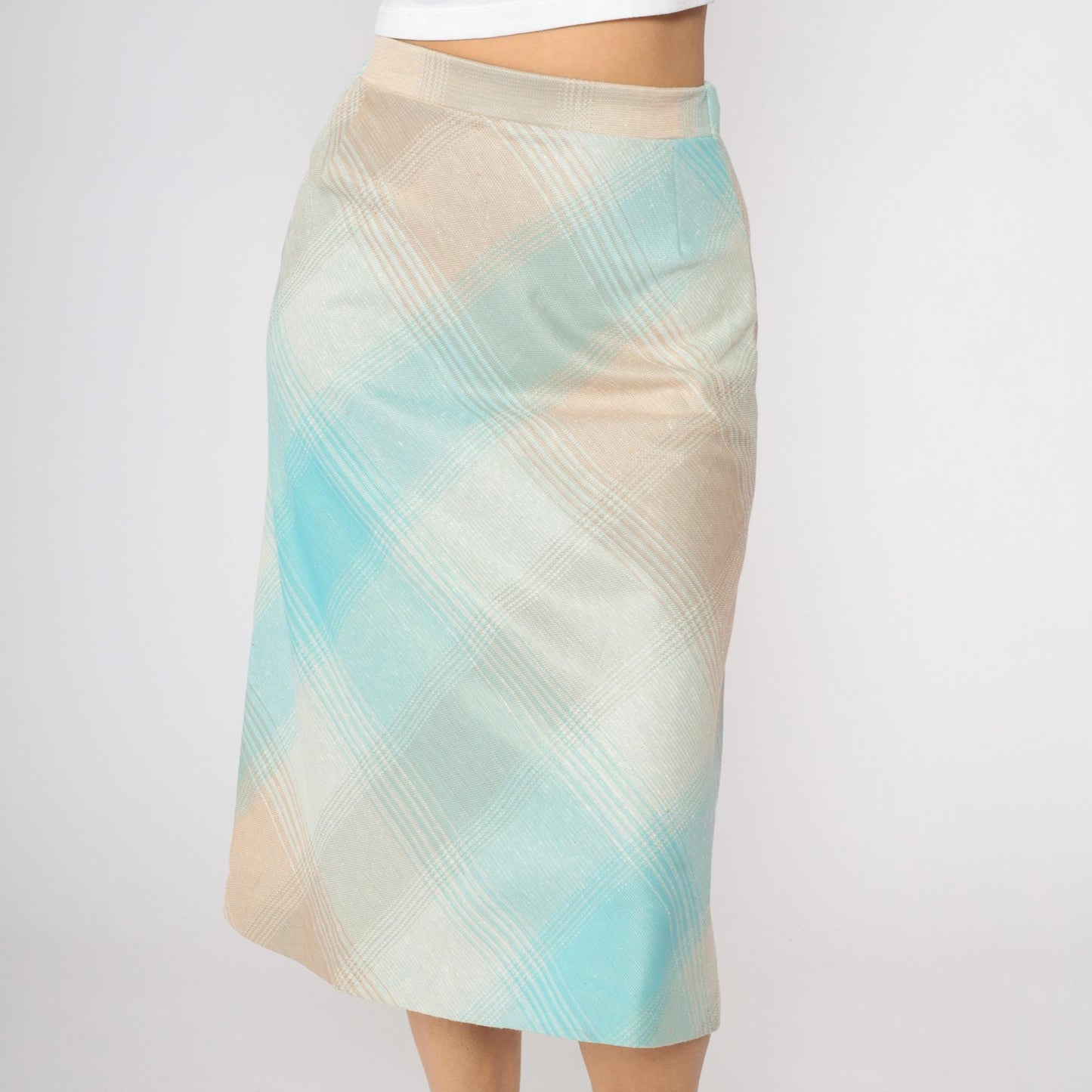 70s Plaid Midi Skirt High Waisted Turquoise Tan Peach Tartan Small XS