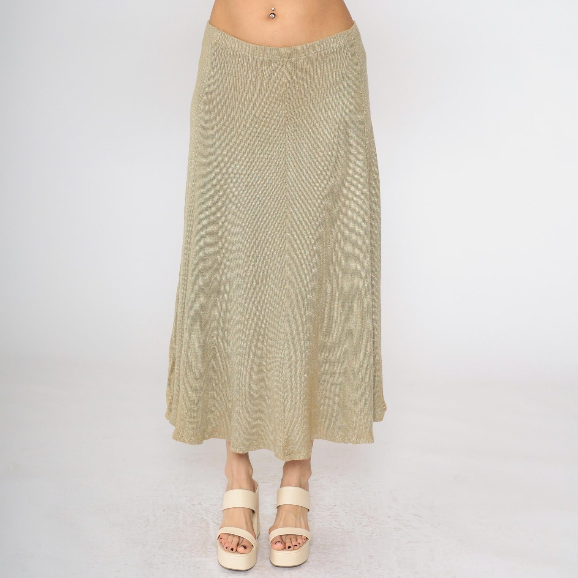 80s Tan Knit Midi Skirt High Waist Elastic Flared Small