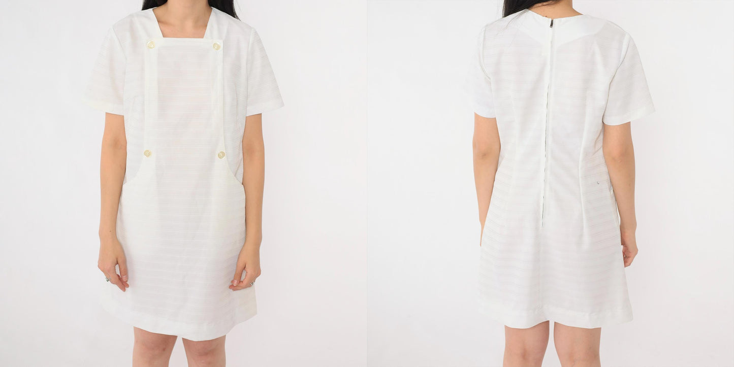 60s White Nurse Shift Dress Mini Button-Front Short Sleeve Small