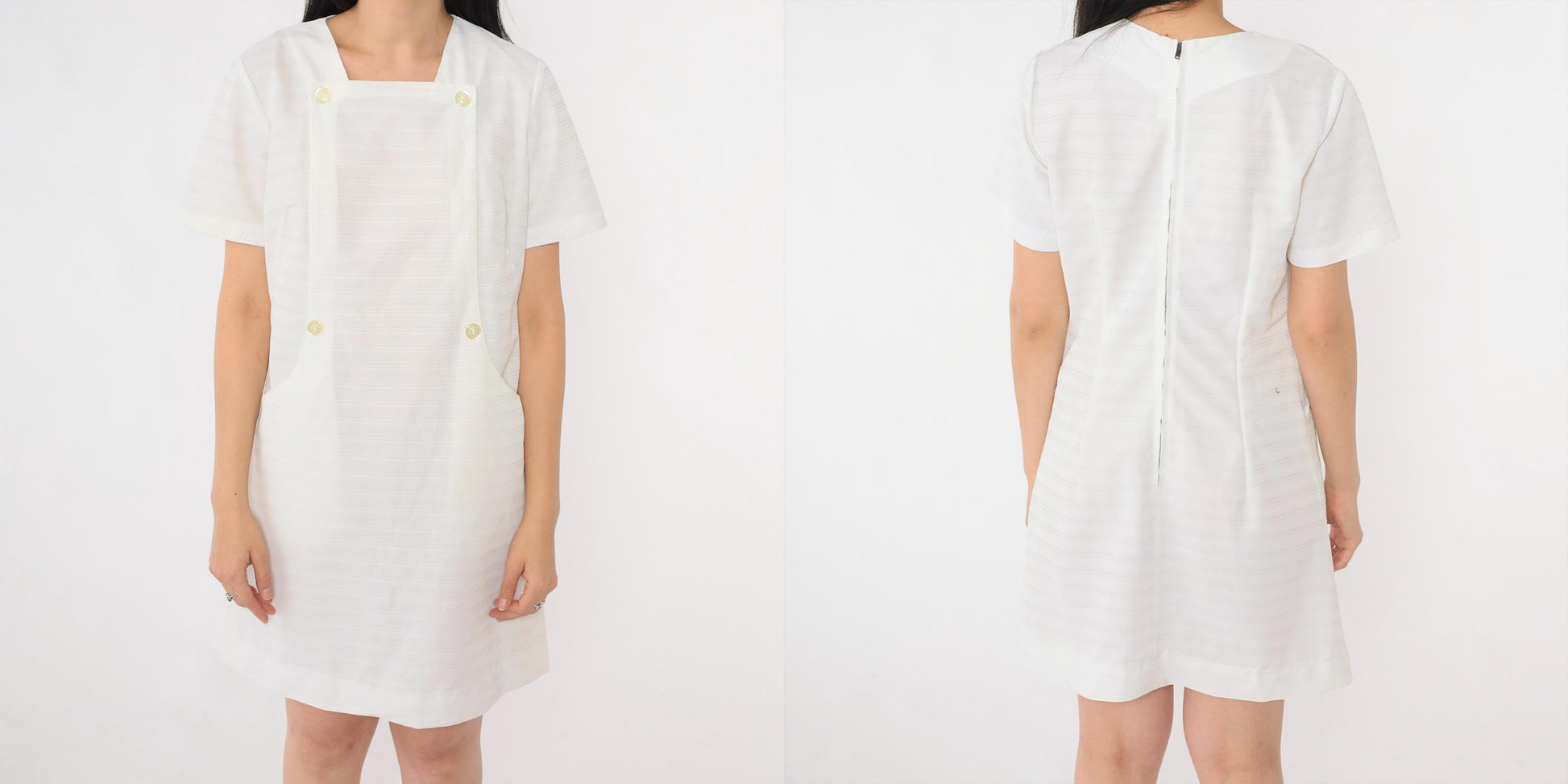 60s White Nurse Shift Dress Mini Button-Front Short Sleeve Small