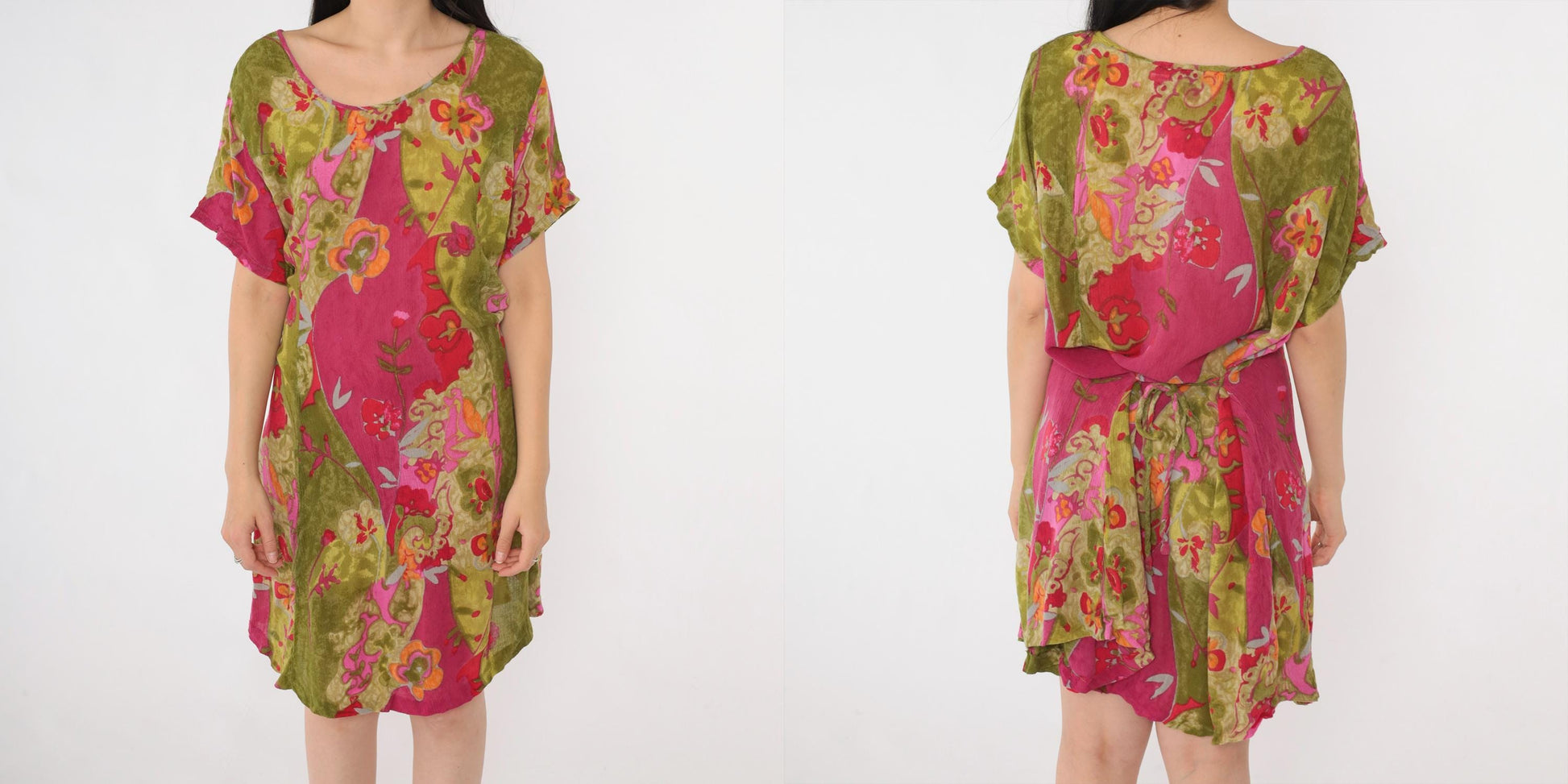 90s Lolette Floral Mini Dress Olive Fuchsia Shift Tie Back Extra Large XXL