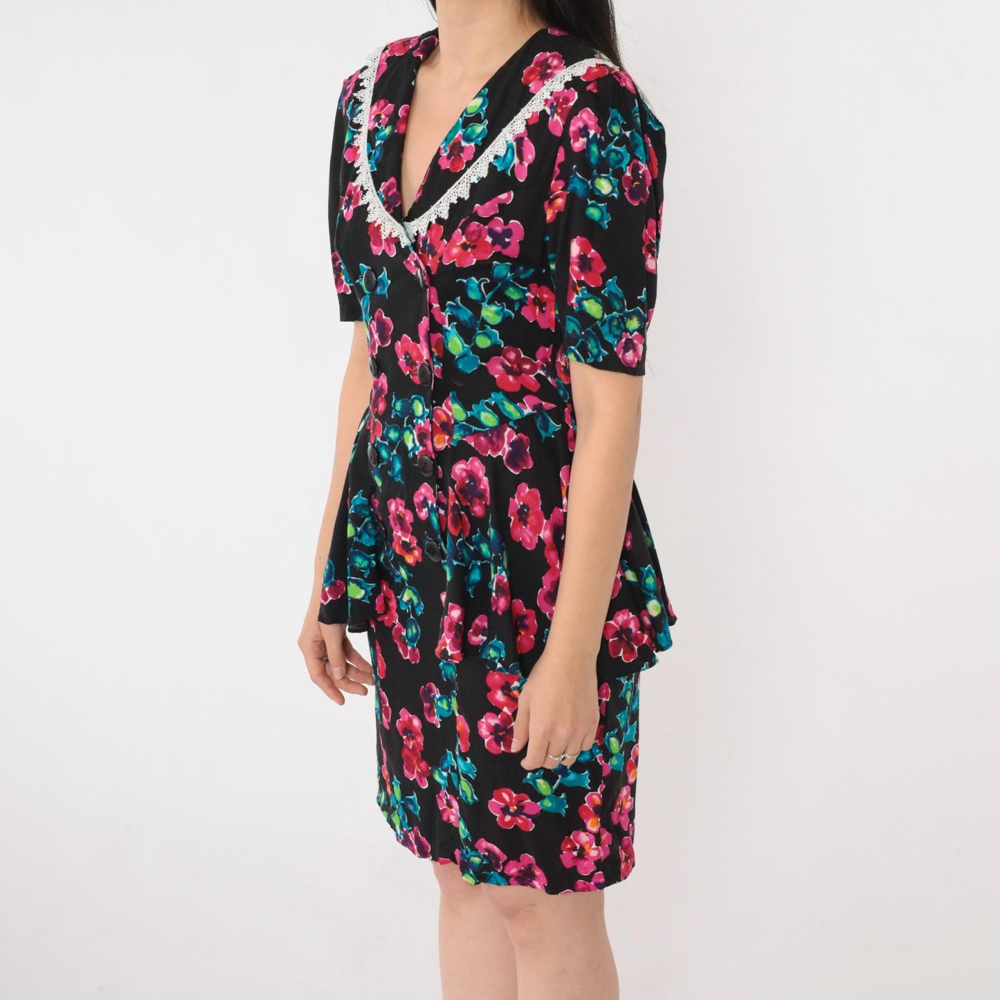 80s Milarzo Floral Peplum Mini Dress Black Double Breasted Puff Sleeve Small