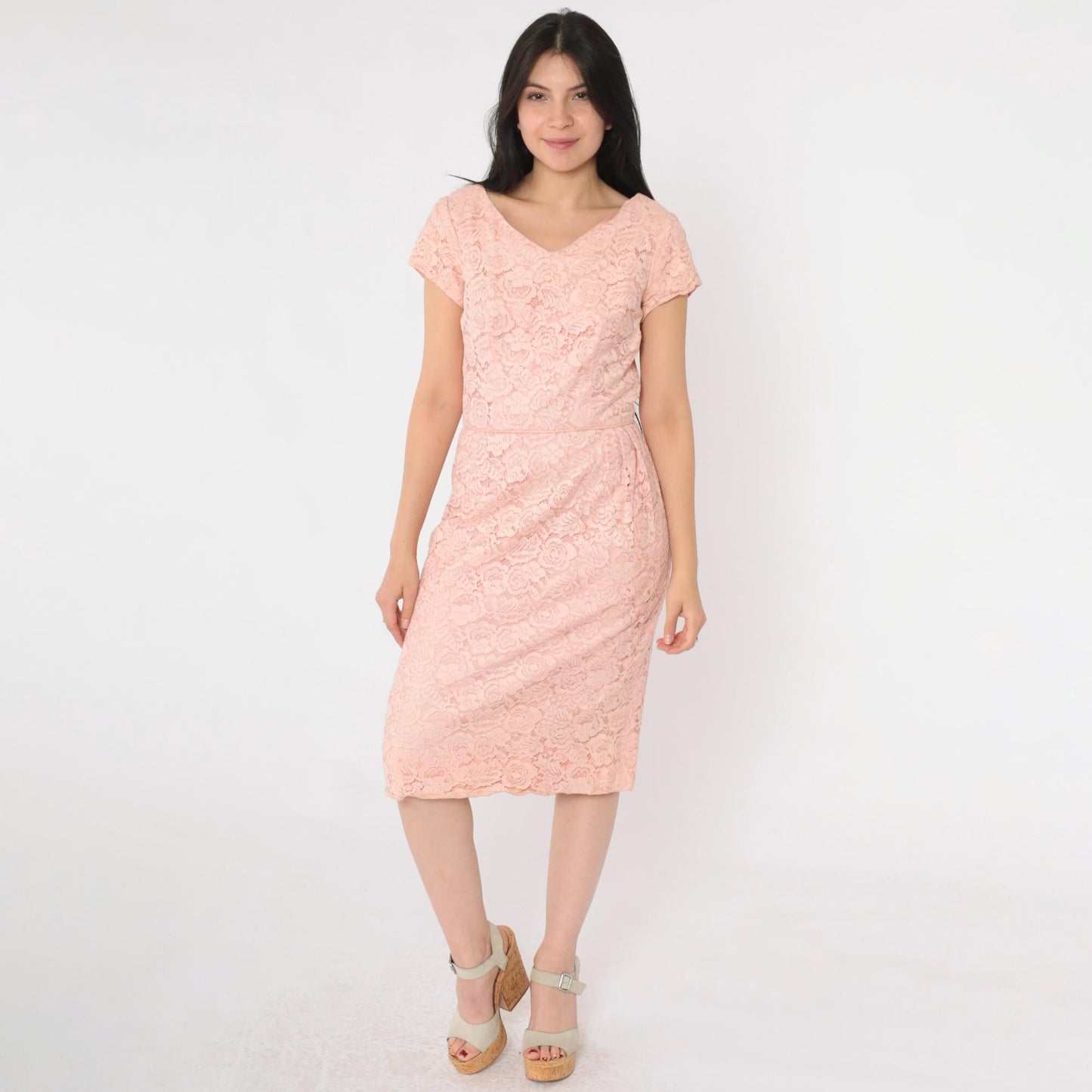 1960s Pink Lace Cocktail Dress V Neck High Waist Knee Length Small