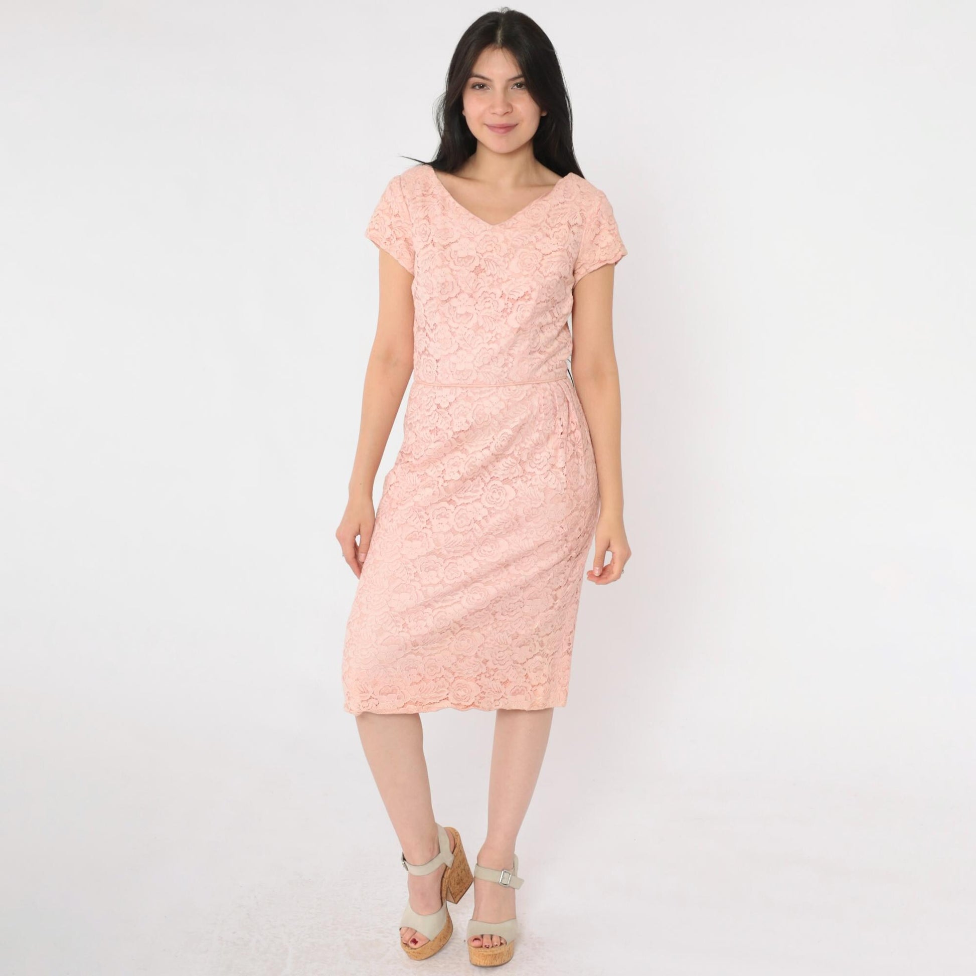 1960s Pink Lace Cocktail Dress V Neck High Waist Knee Length Small