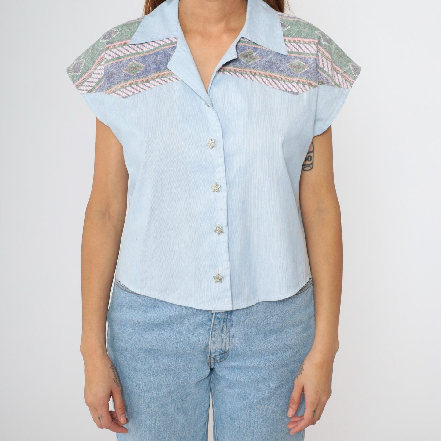 90s Southwestern Blue Striped Button-Up Blouse Star Print Cap Sleeve Medium