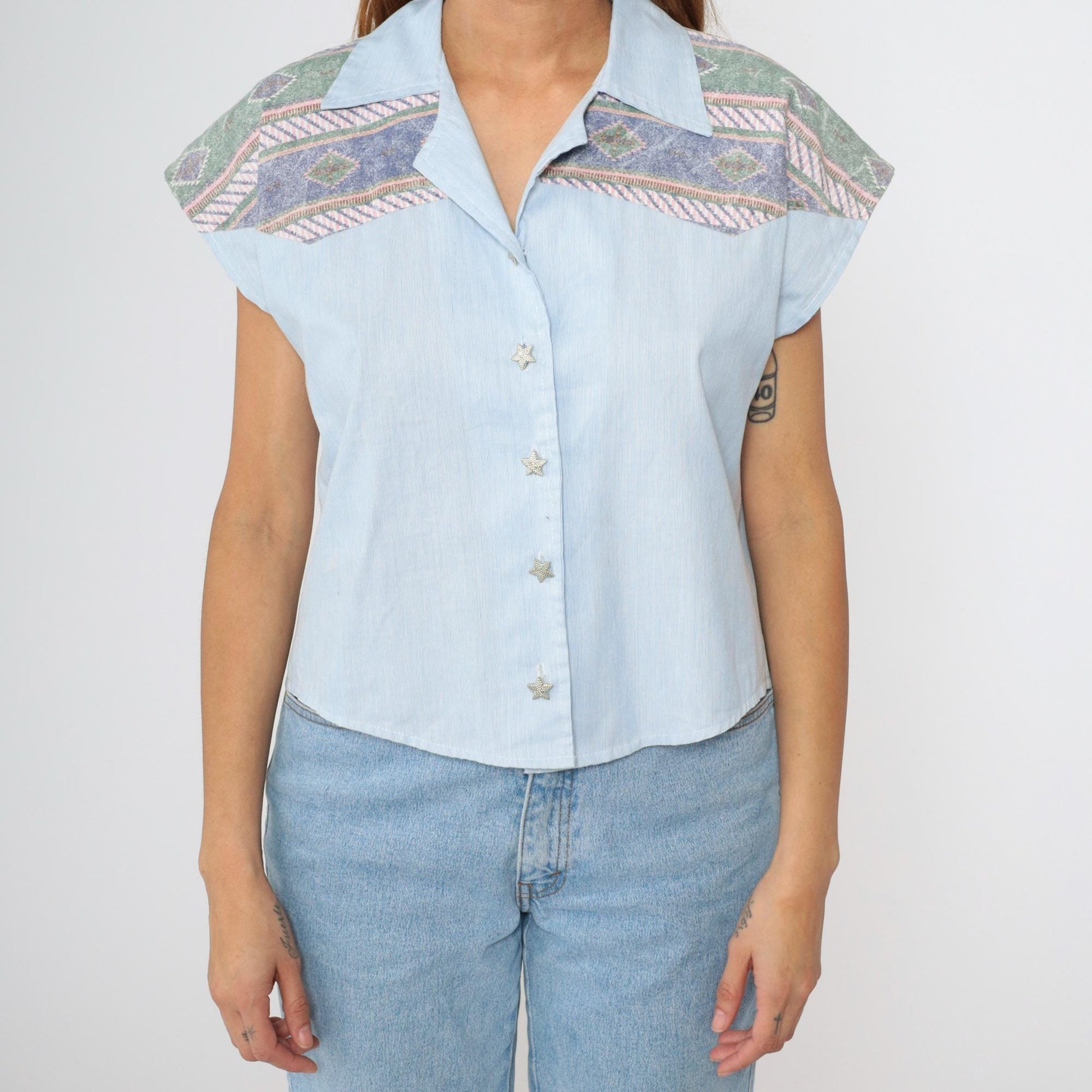 90s Southwestern Blue Striped Button-Up Blouse Star Print Cap Sleeve Medium