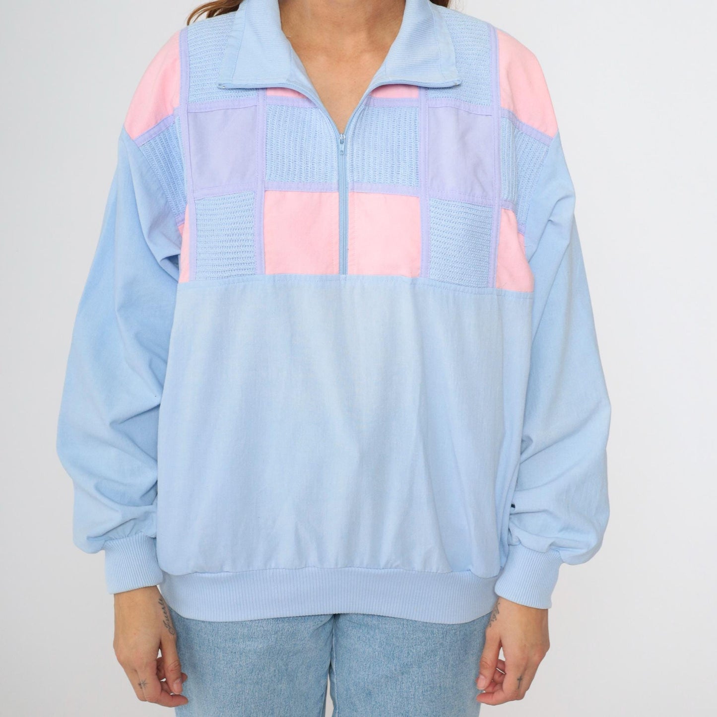 80s Cavalier Colorblock Quarter Zip Pullover Pink Lilac Blue Knit Medium Large