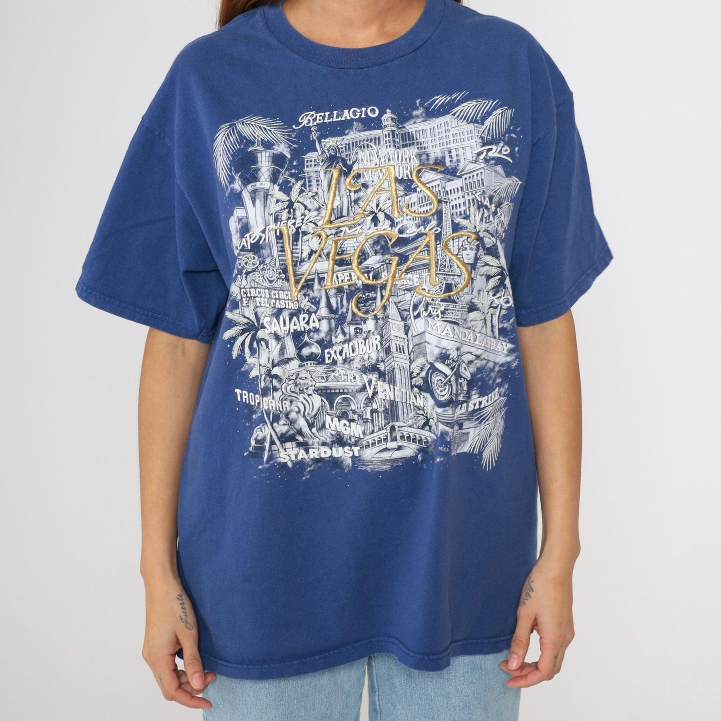 90s Las Vegas Strip Embroidered Graphic T-Shirt Blue Cotton Crewneck Extra Large XL