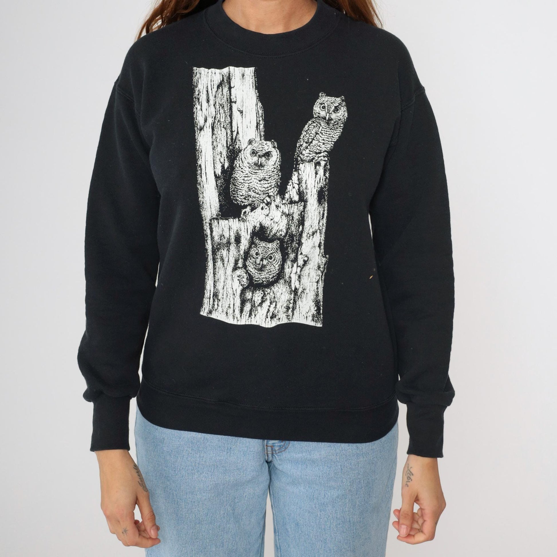 Y2K Woodland Dunes Nature Center Owl Sweatshirt Black Graphic Pullover Small