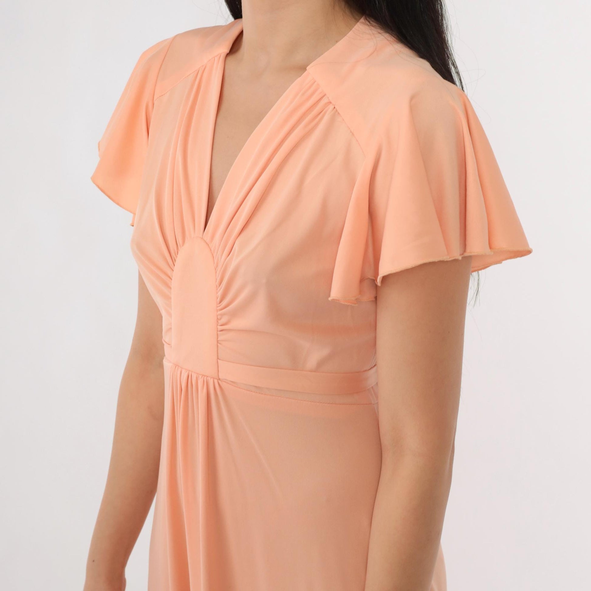 70s Peach Grecian Maxi Dress Flutter Sleeve V-Neck High Waist Small