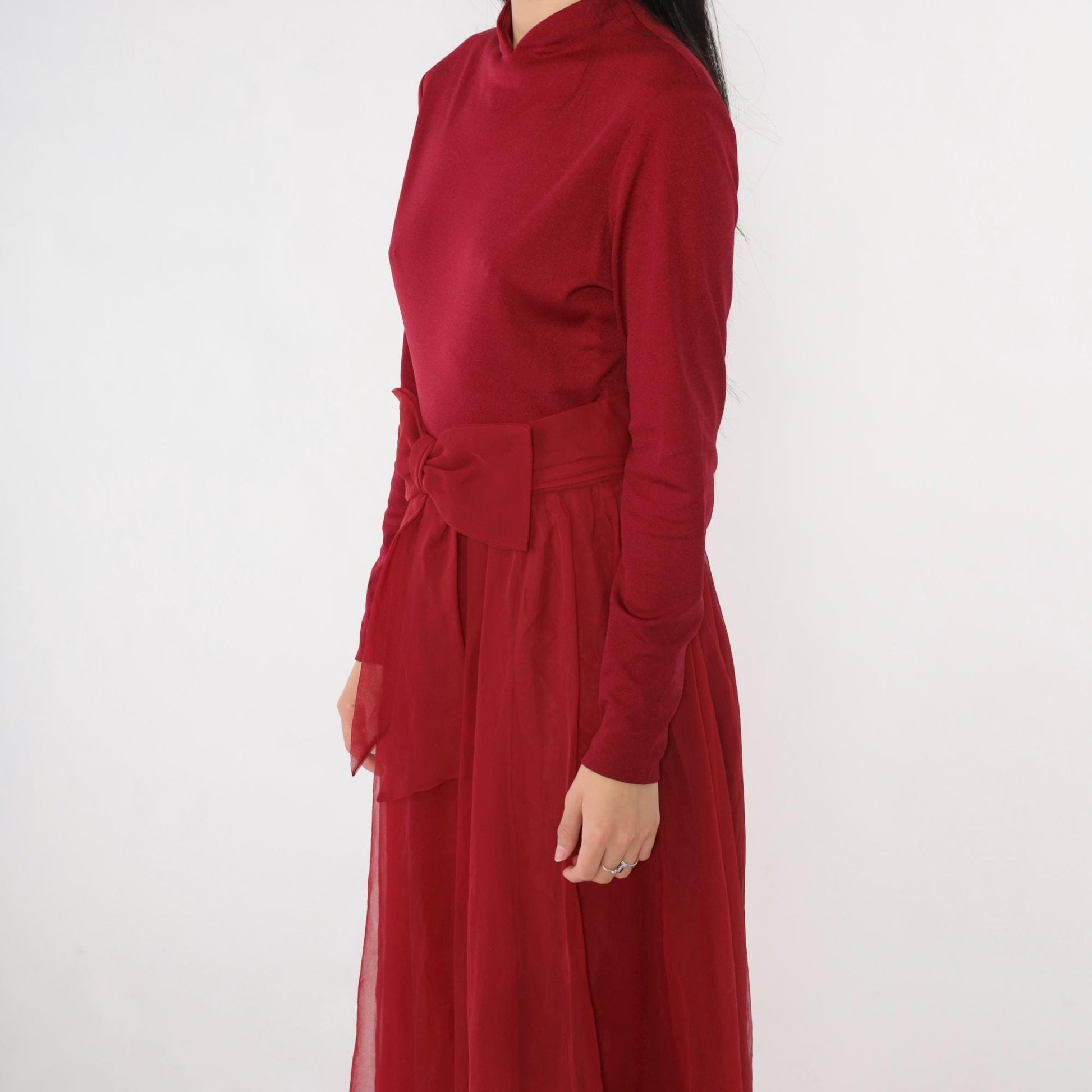 70s Burgundy Chiffon Maxi Dress Bow Waist Long Sleeve Small