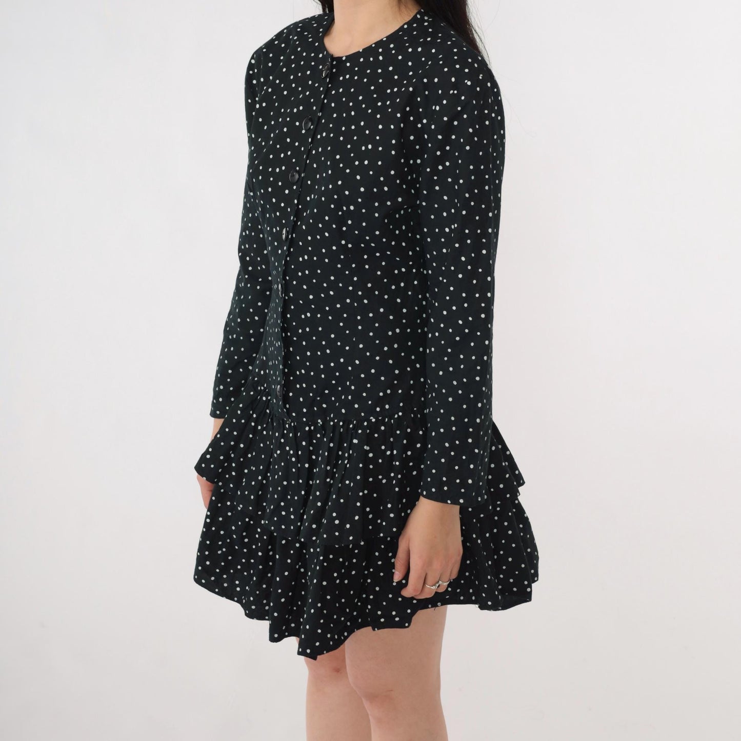 80s Black Polka Dot Mini Dress Button-Up Long Sleeve Tiered Ruffle Small