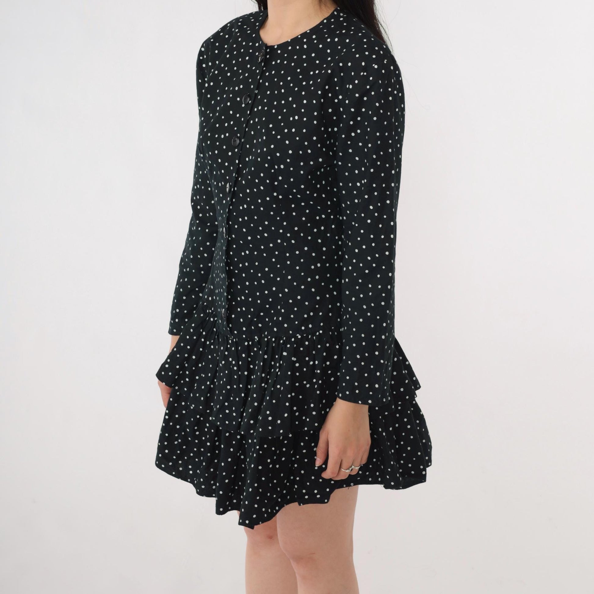 80s Black Polka Dot Mini Dress Button-Up Long Sleeve Tiered Ruffle Small