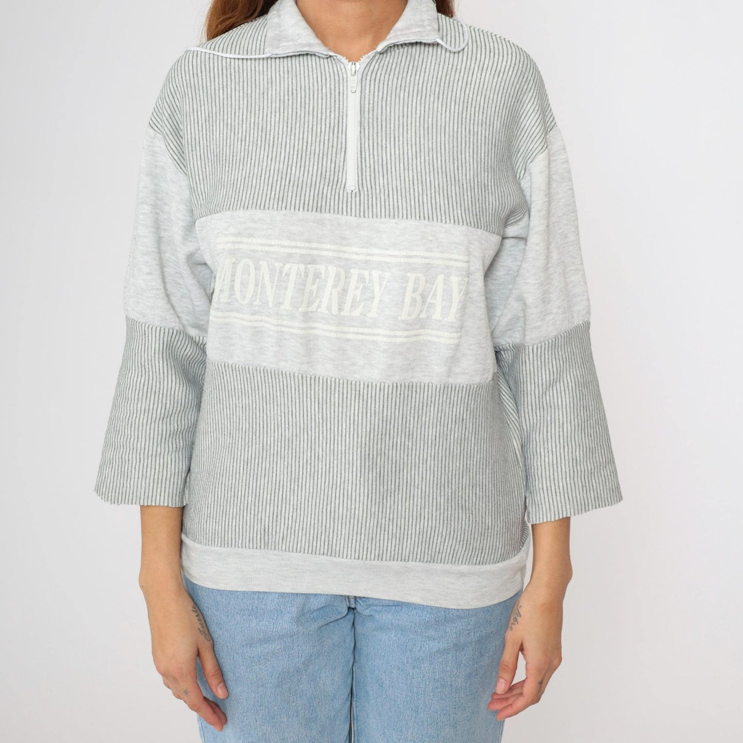 90s Monterey Bay Sweatshirt Grey Striped Quarter Zip Pullover Medium