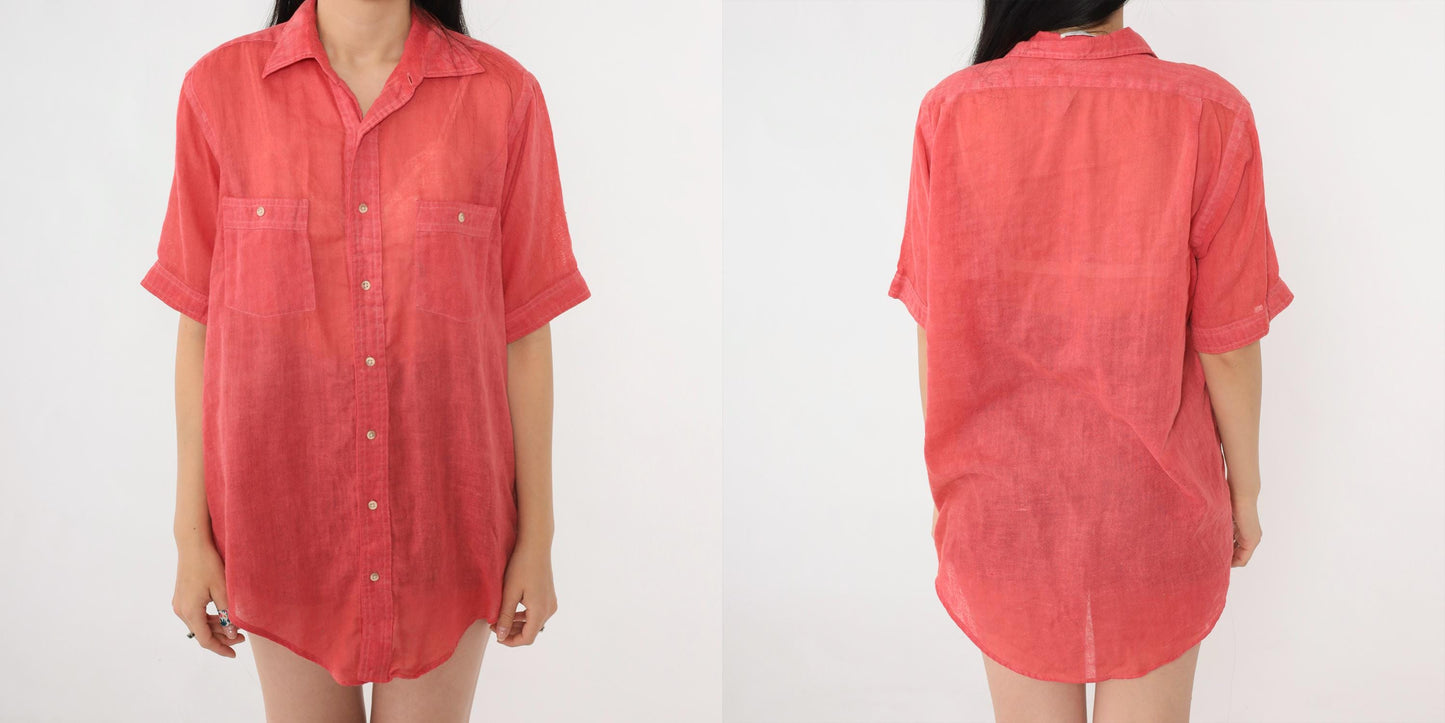70s Langworthy's Sheer Red Button-Up Shirt Short Sleeve Men's Medium