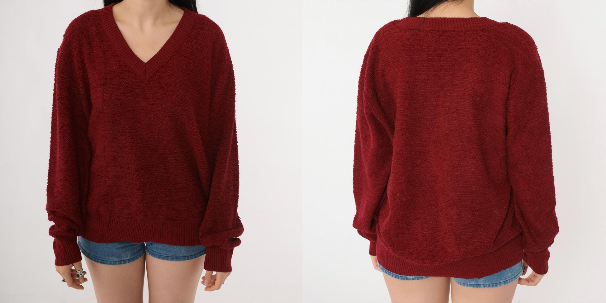 80s Jantzen Loop Knit Sweater Burgundy V-Neck Pullover Medium M